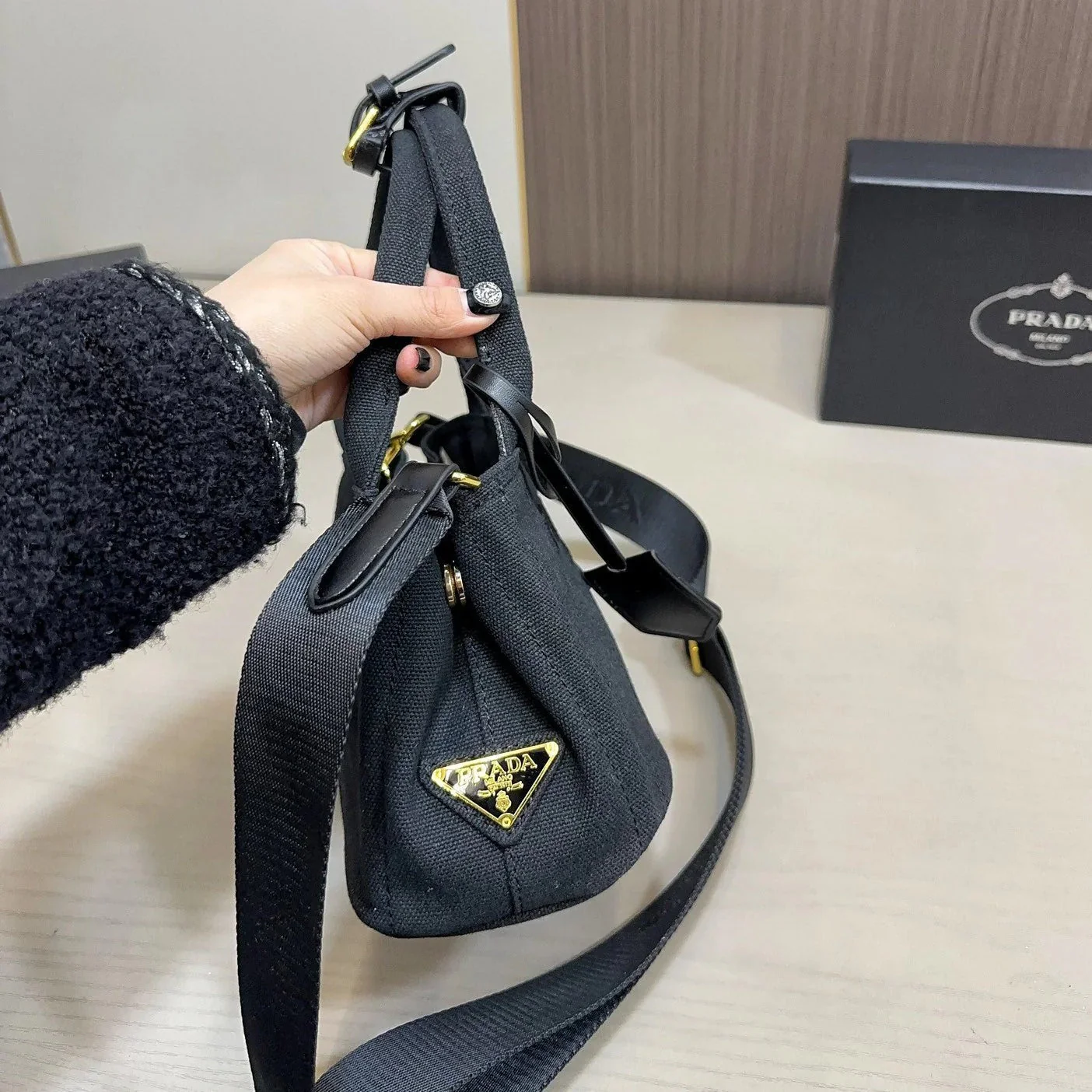 Prada EMBOSSED LOGO MINI TOTE BAG 22 IN BLACK FABIC