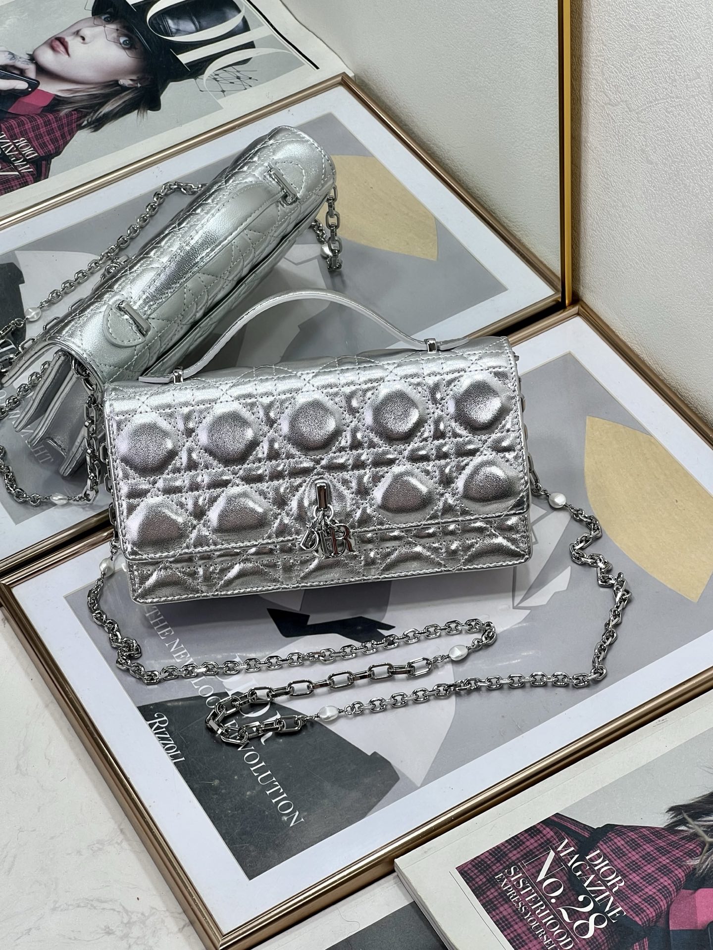Miss Dior Chain Wallet/Clutch in Silver Cannage Lambskin