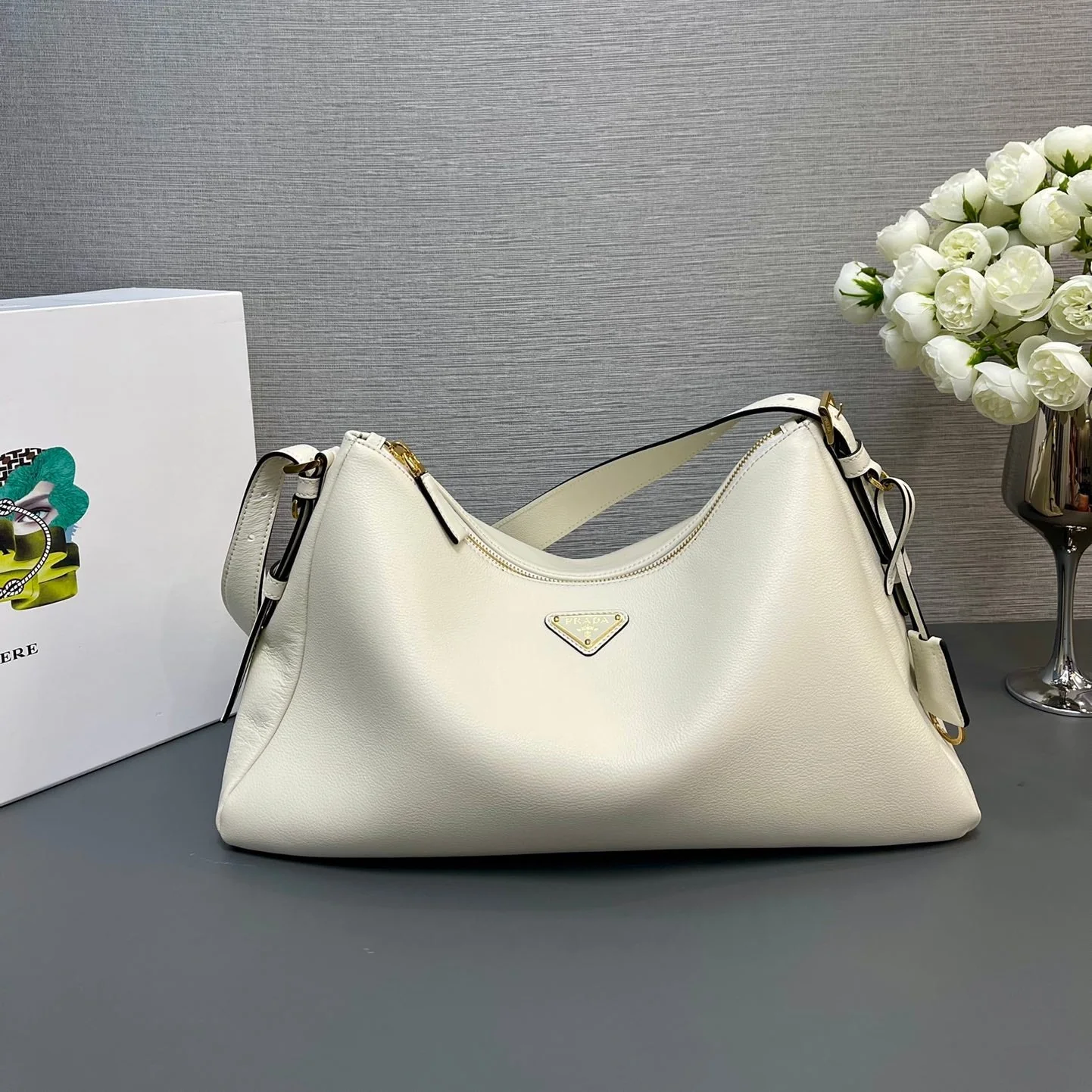 Prada LARGE HOBO BAG 39 IN WHITE SOFT LAMBSKIN