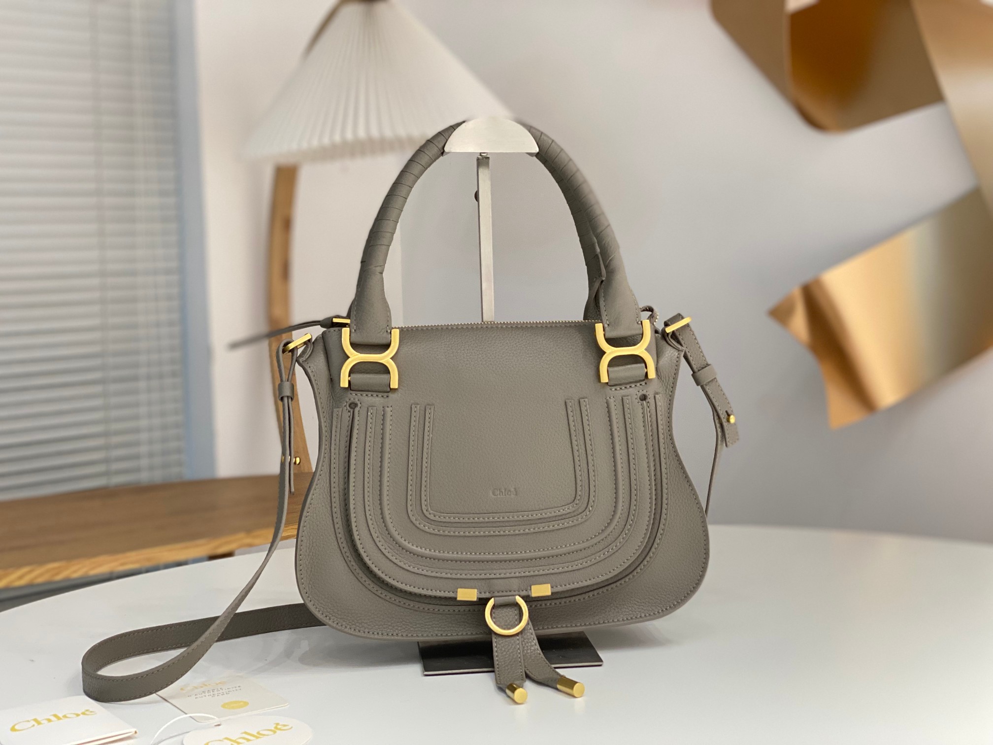 Chloe Small Marcie Bag in Grained Leather-Grey