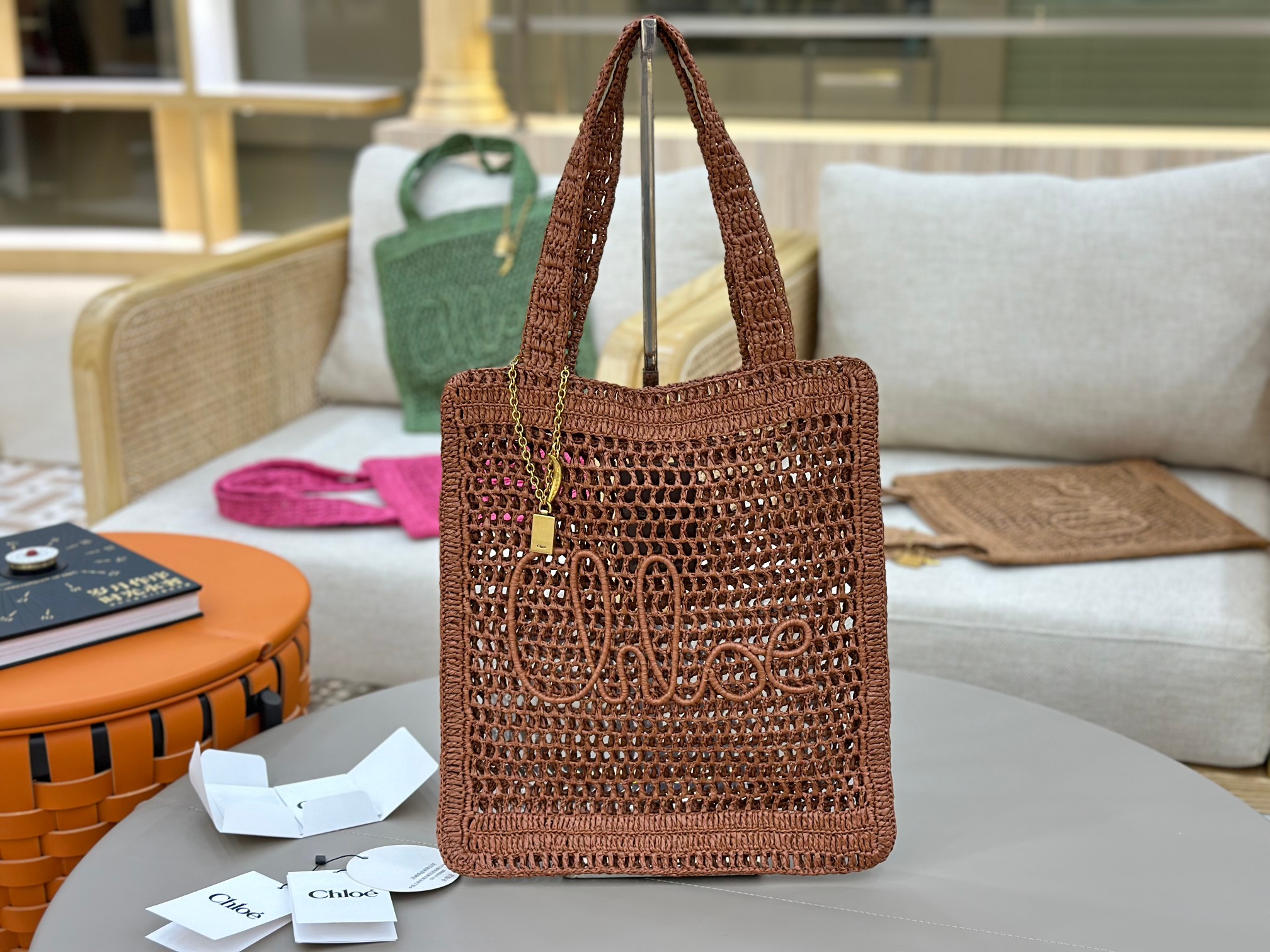 Chloe Summer Banana Tote Bag in Raffia-Brown