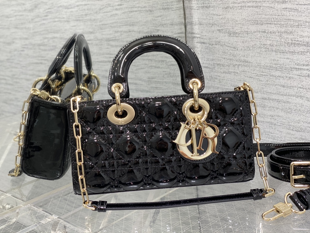 DIOR Small Lady D-Joy Bag in Black Patent Cannage Calfskin