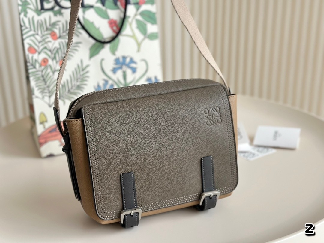 Loewe Khaki Green Leather Wide Webbing Strap Military Messenger Bag - KAIROO