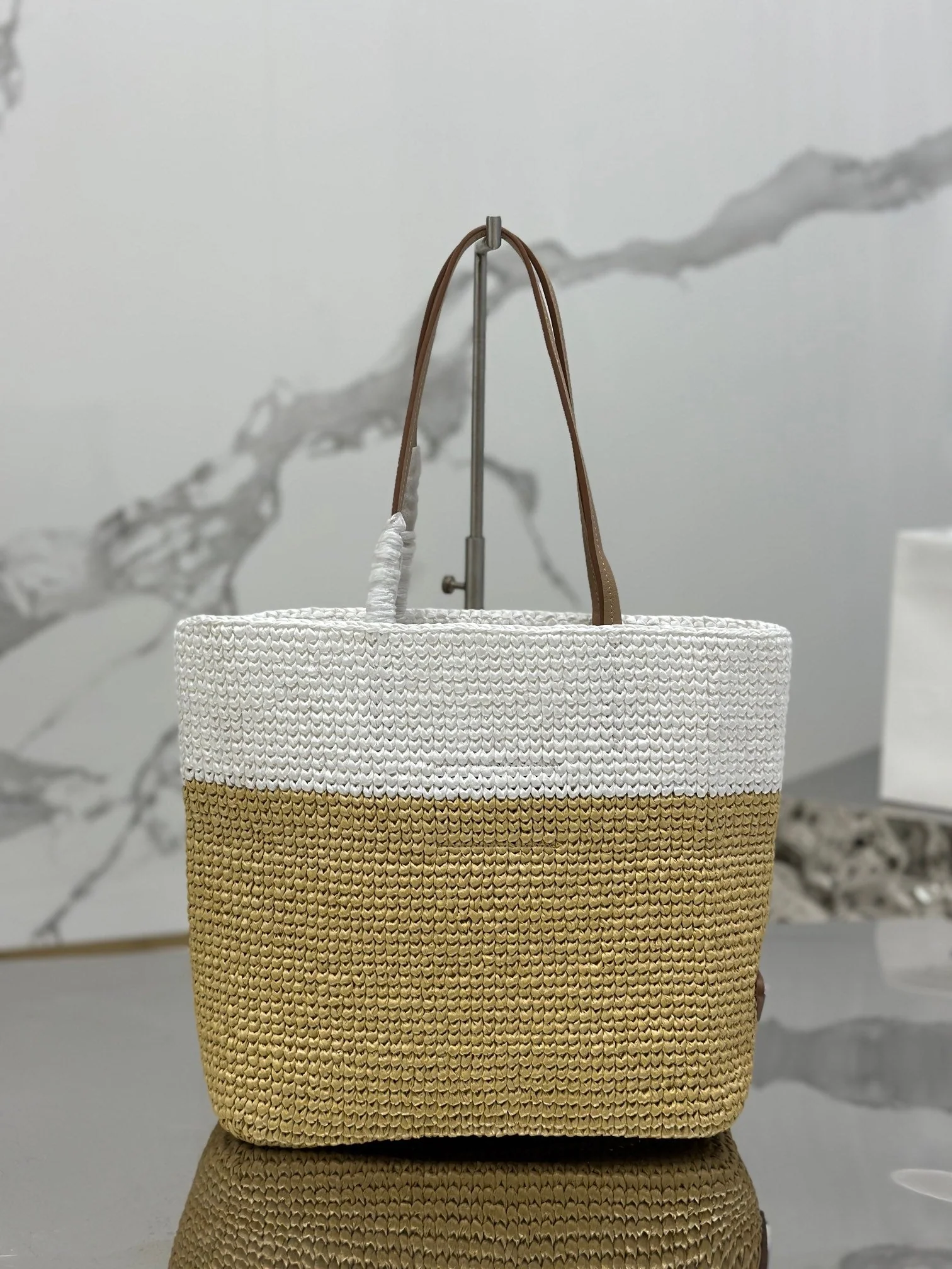 Prada SMALL TOTE BAG 27 IN WHITE MIX BEIGE RAFFIA AND BROWN CALFSKIN HANDLE