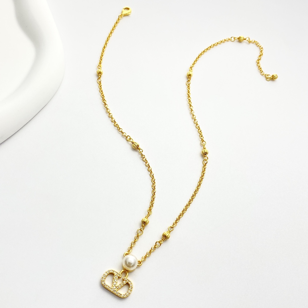 Valentino Gold Full Rhinestone V Logo Necklace