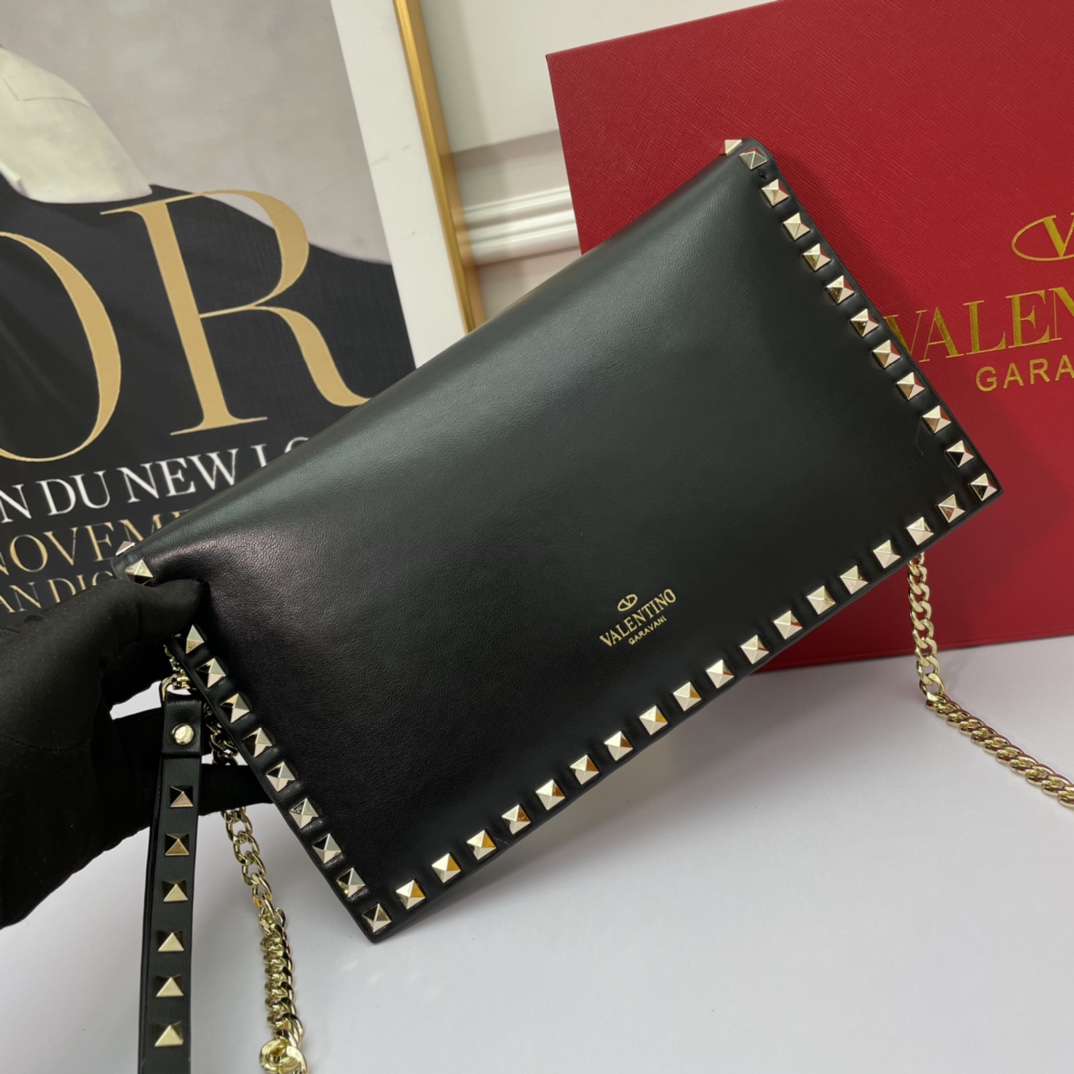 Valentino Rockstud Black Leather Studs Flap Wristlet Strap Clutch Chain Envelope Crossbody Bag - KAIROO