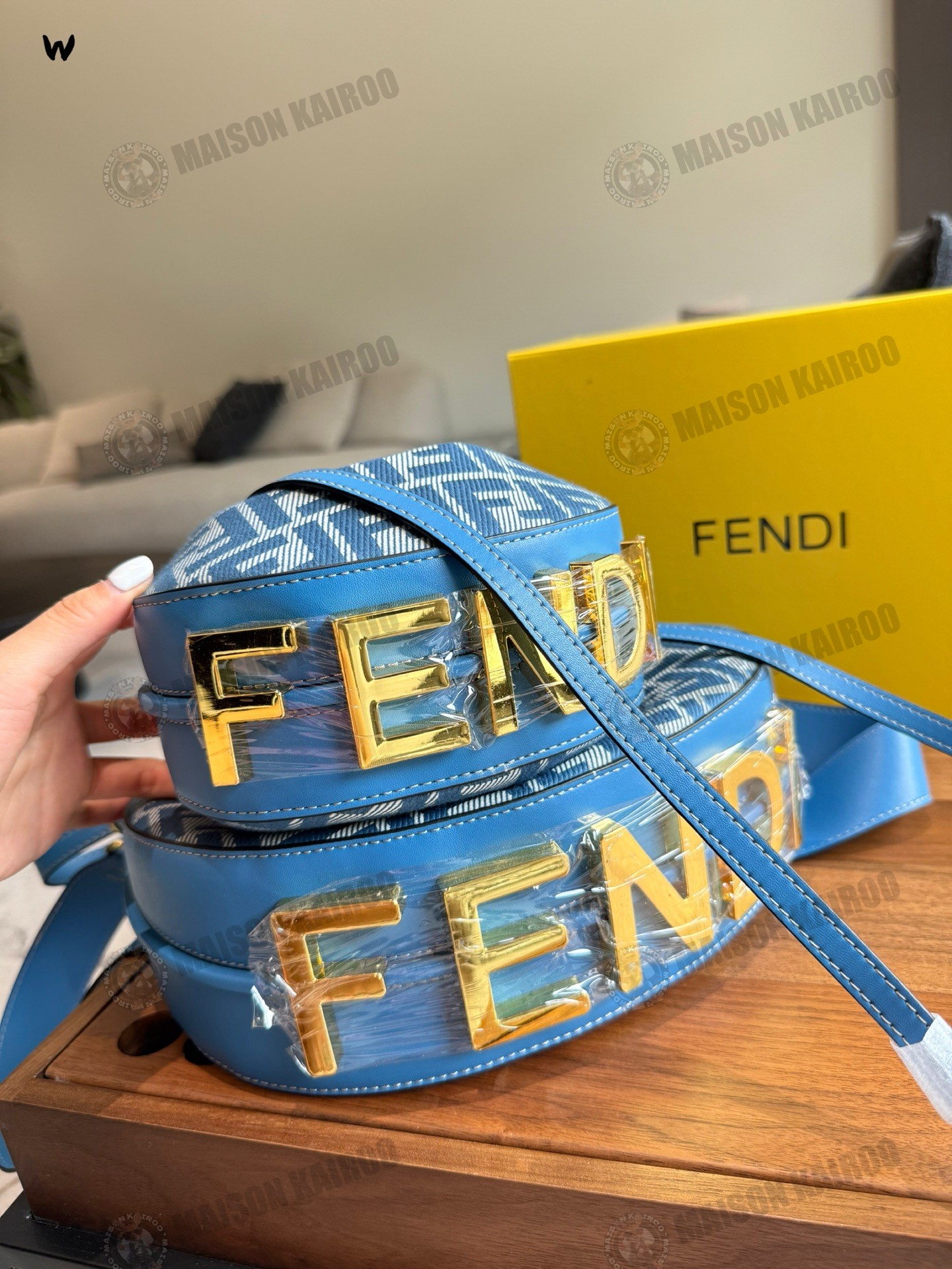 Fendi Fendigraphy FF Mini/Small Sky Blue Jacquard Crescent Hobo Bottom Gold Lettering Logo Shoulder Bag - KAIROO