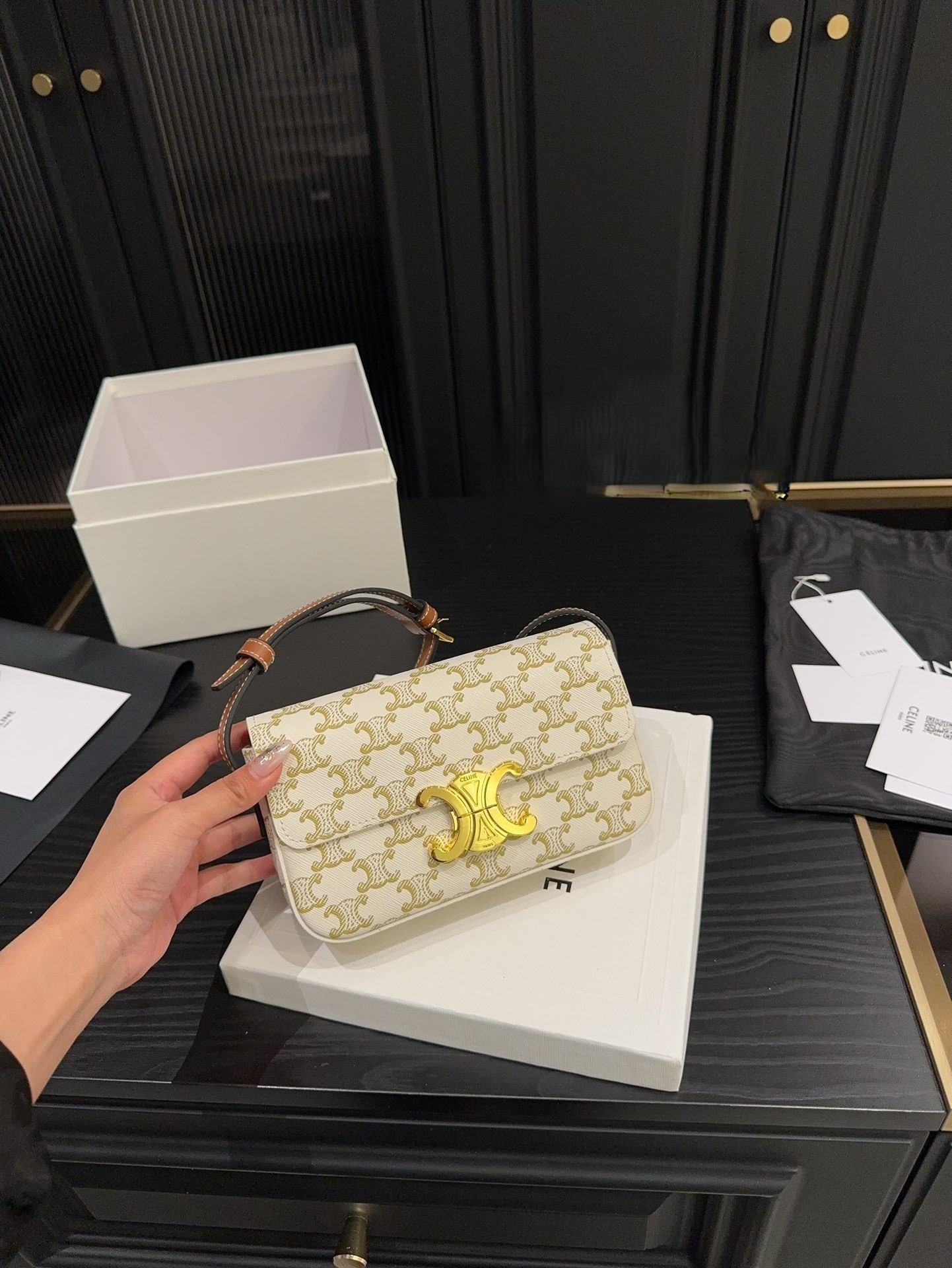 Celine Triomphe Gold Hardware Horizontal Long Chain Shoulder Hobo Bag - KAIROO