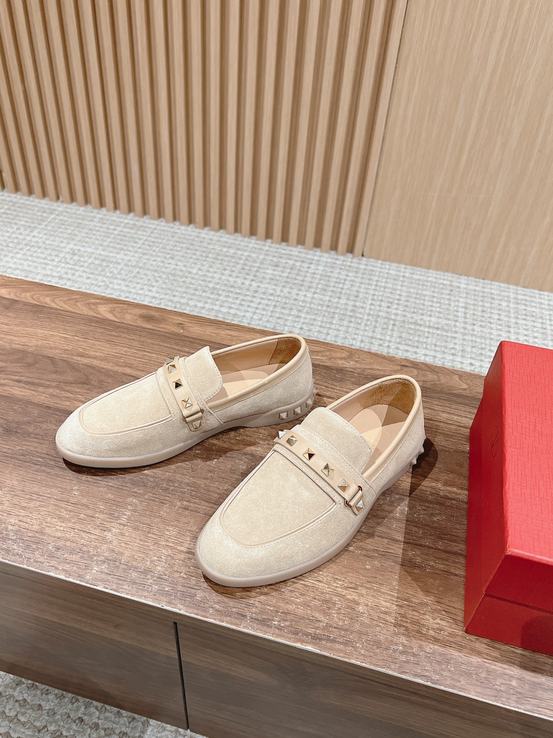 Valentino Garavani Beige Suede Leather Gold Rockstud Untitled Strap Rubber Sole Loafers - KAIROO