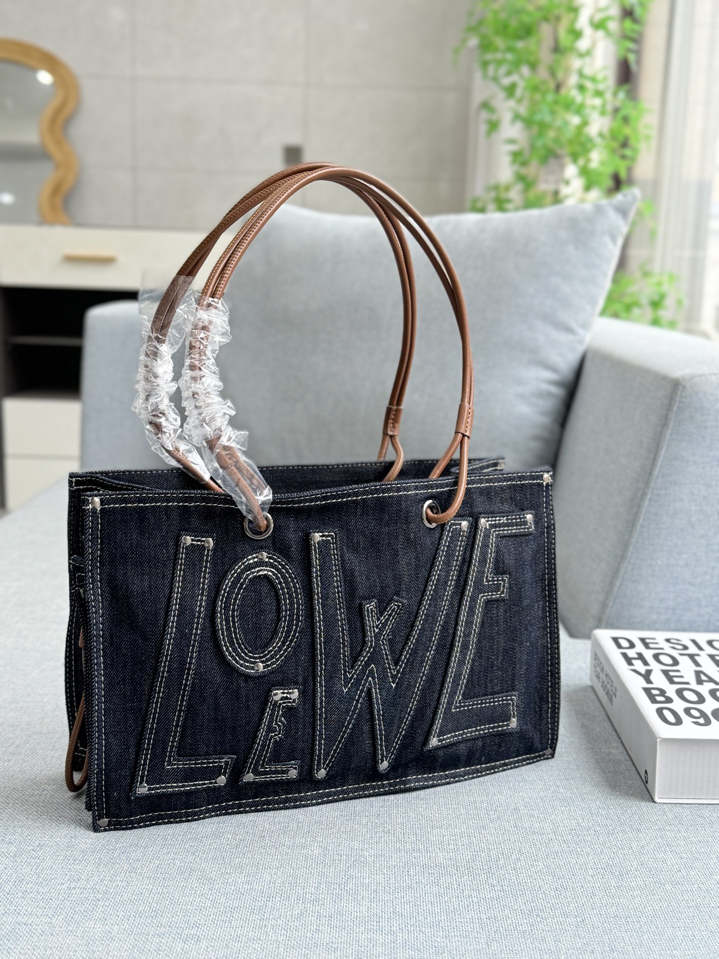 Loewe Font Large Anagram Embroidered Denim Leather Strap Oversized Stitched Logo Handle Tote Bag - KAIROO