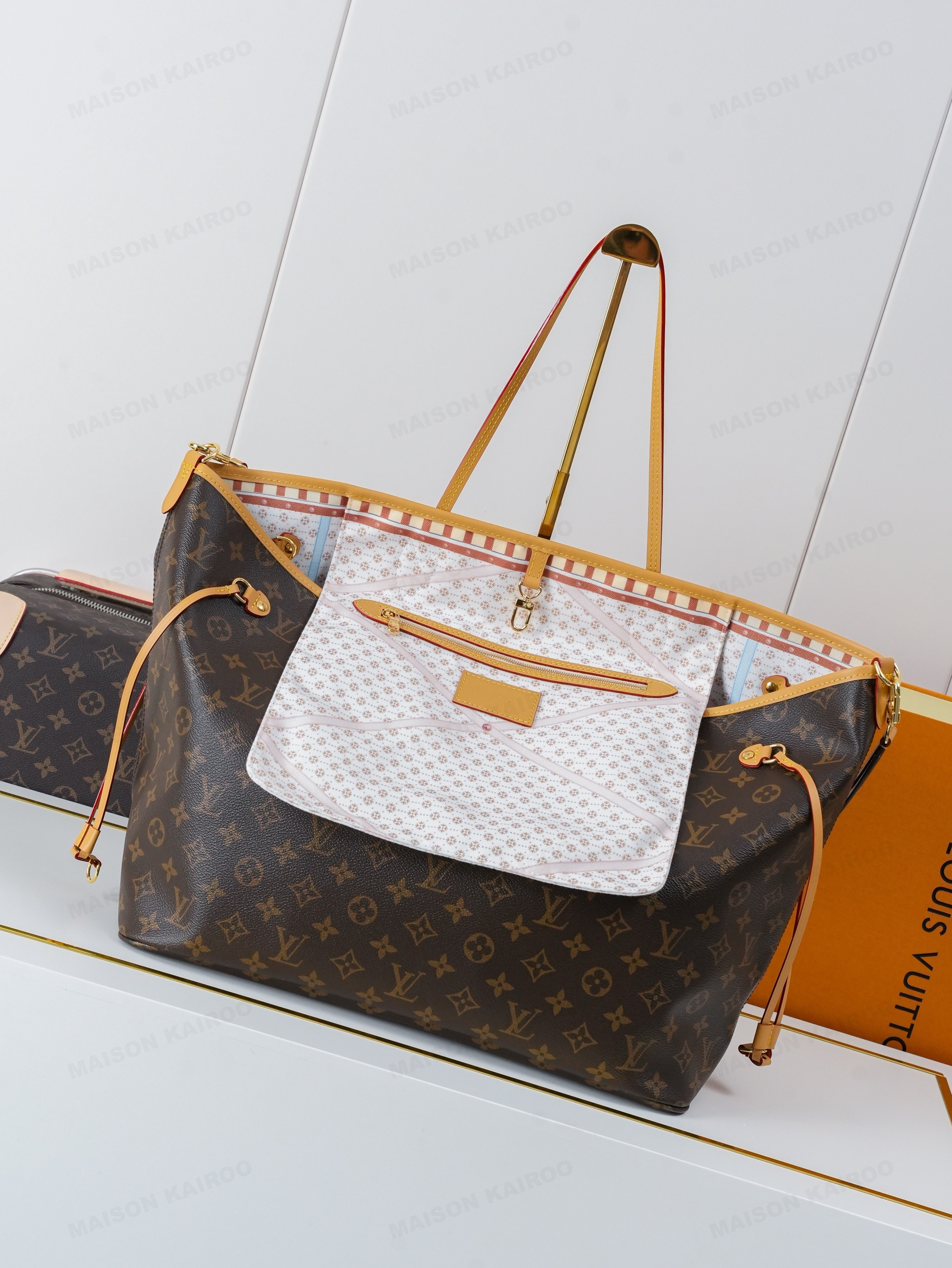 Louis Vuitton LV Neverfull Inside Out MM&GM Canvas Micro Diamond Grid Floral Print Strap Reversible Tote Bag - KAIROO