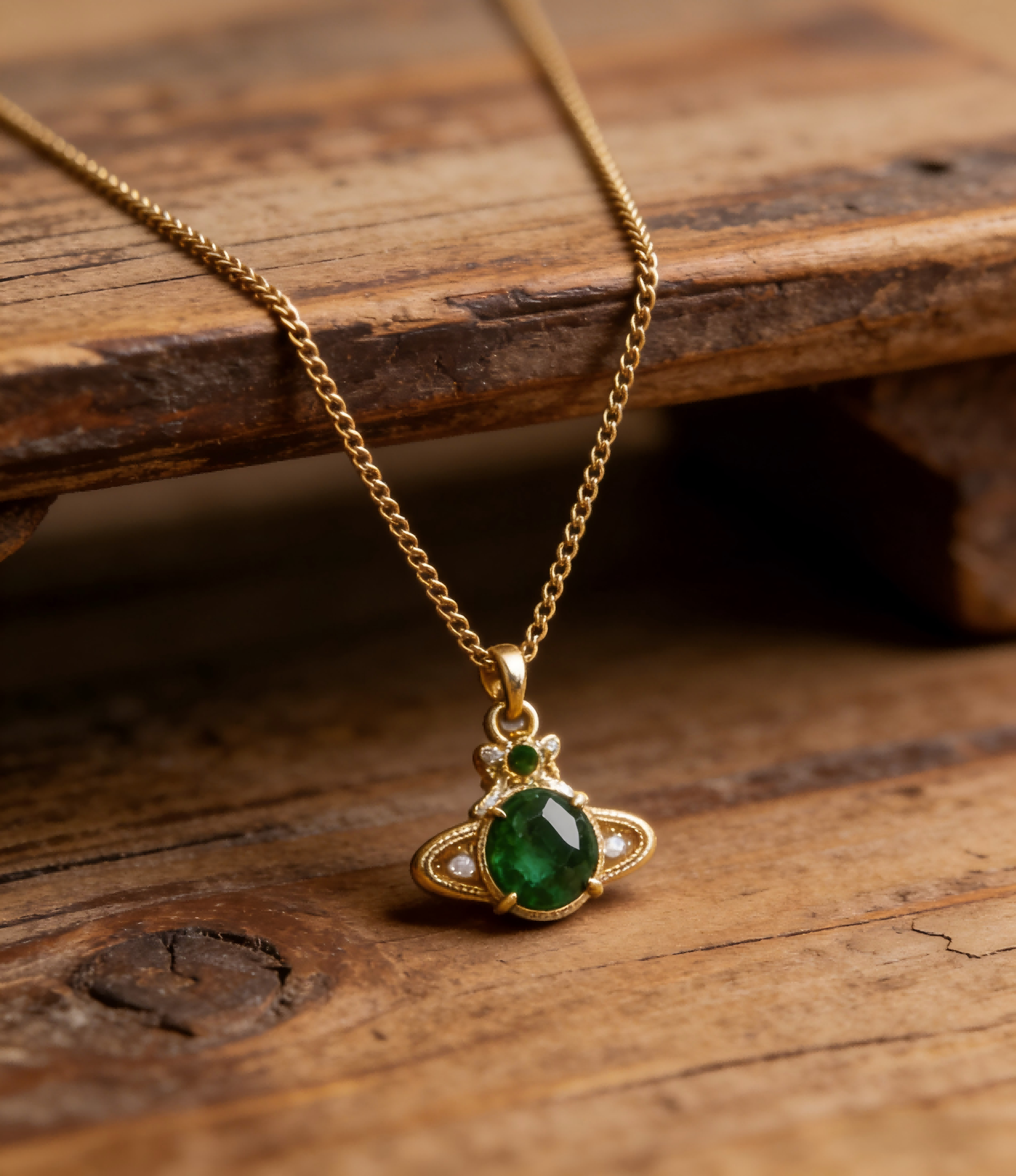 2026 New Vivienne Westwood Style Gold Green Crystal Saturn Pendant Necklace - Dainty Emerald Celestial Jewelry for Women