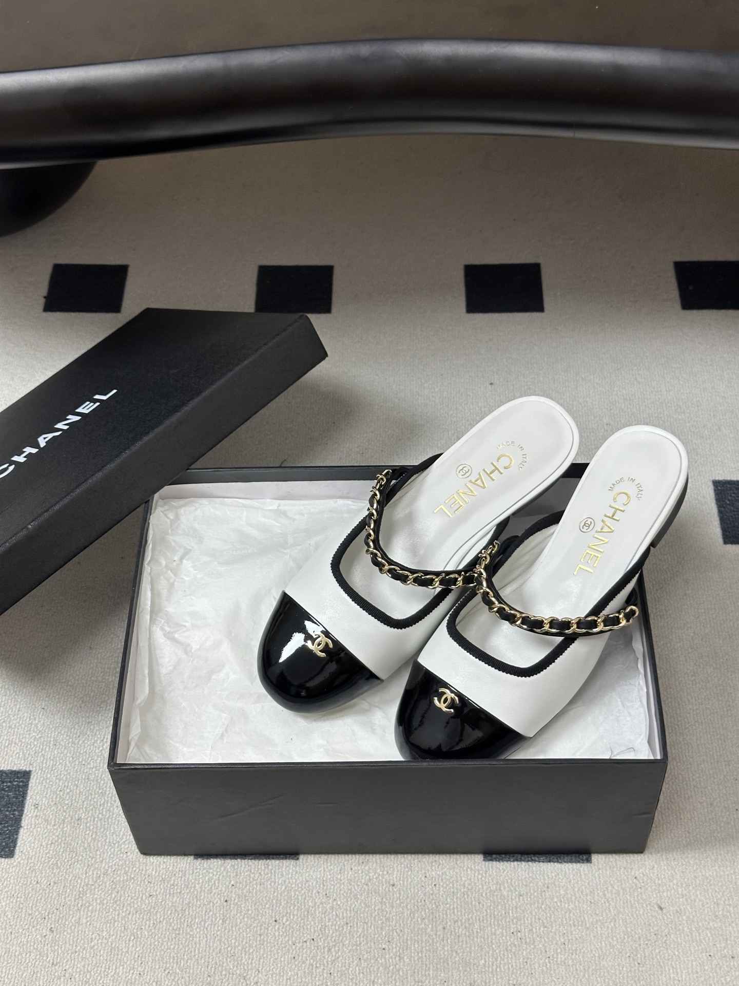 Chanel Two-Tone Lambskin Patent Leather Cap Toe Chain Slip-On Sandals Flat Mary Jane Mules - KAIROO