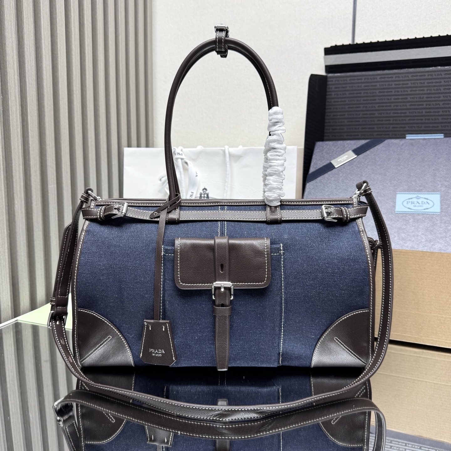 Prada Bonnie large denim and leather handbag 1BA433