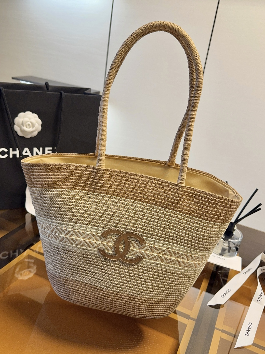 Chanel Multicolor Beige Gradient Woven Raffia Tote Bag & Matching Wide-Brim Sun Hat Beach Set - KAIROO