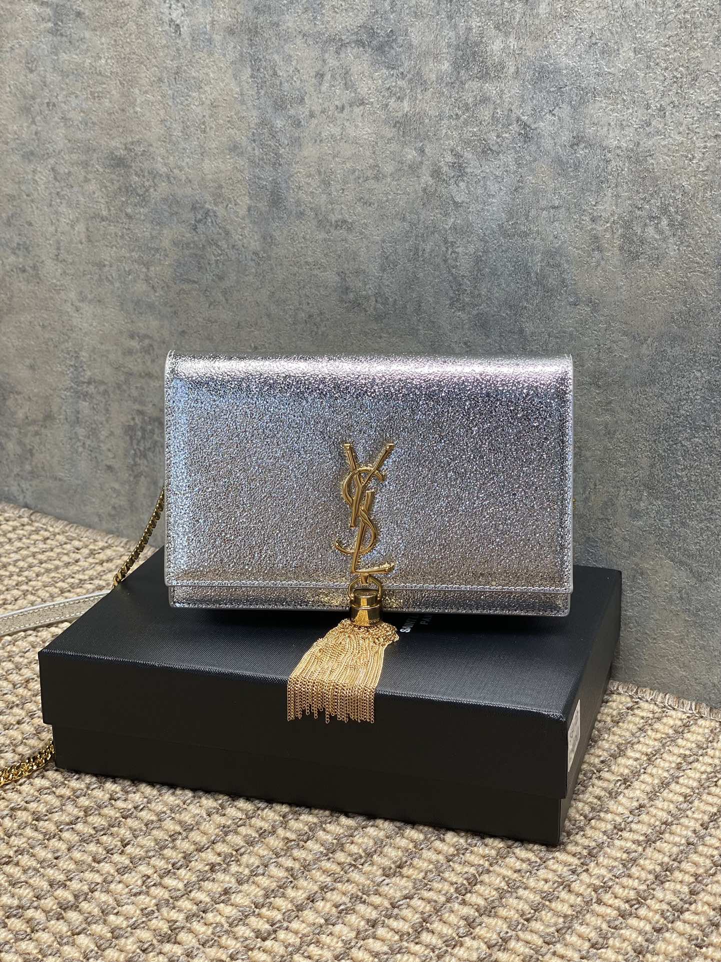 Saint Laurent Diamond-Textured Metallic Leather Chain Shoulder Bag with Gold Tassel - KAIROO