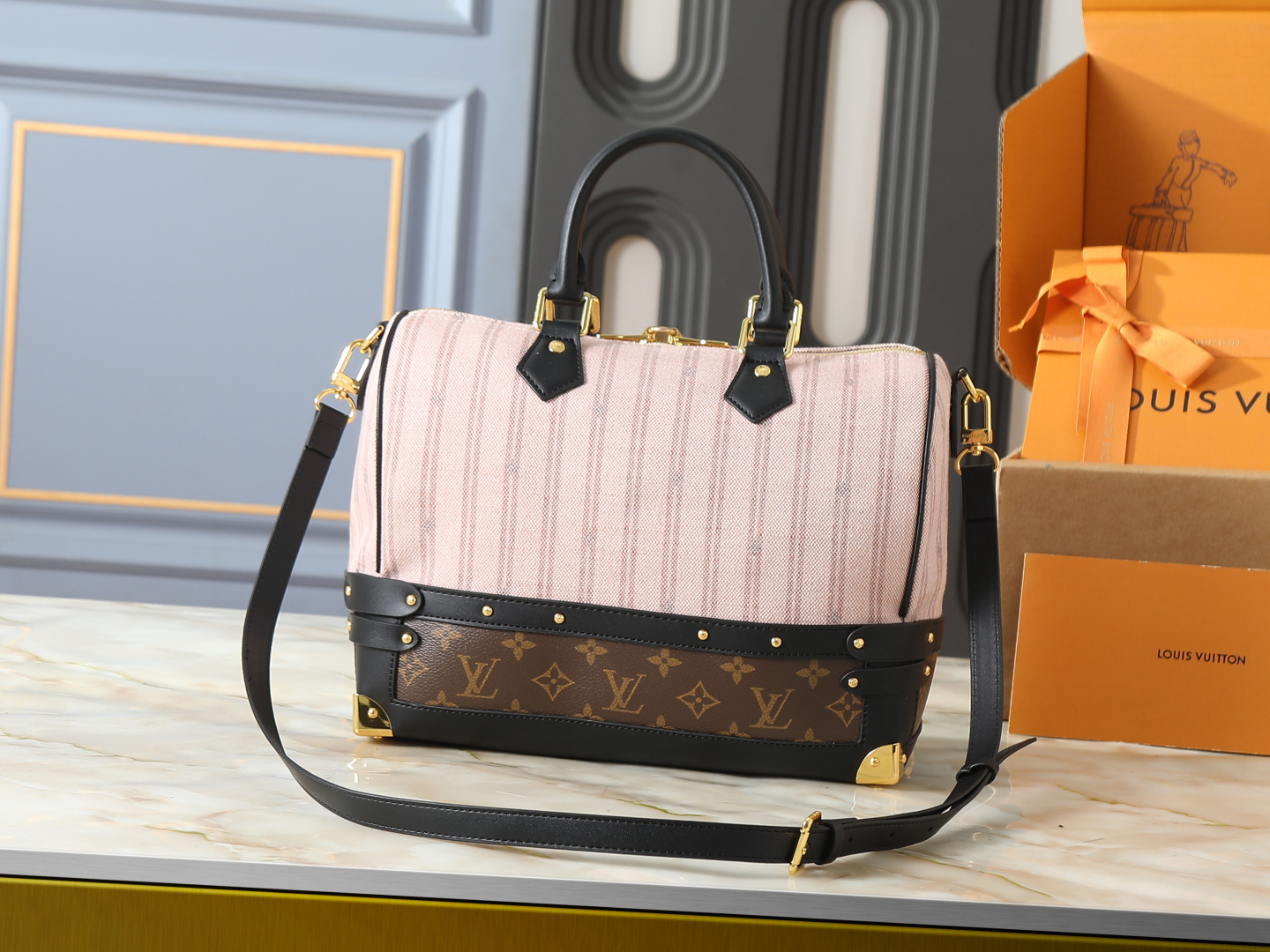 Louis Vuitton LV Speedy Bandoulière 22/30 Out Of The Trunk Pink Stripe Canvas With Monogram Trunk Bottom Handbag - KAIROO