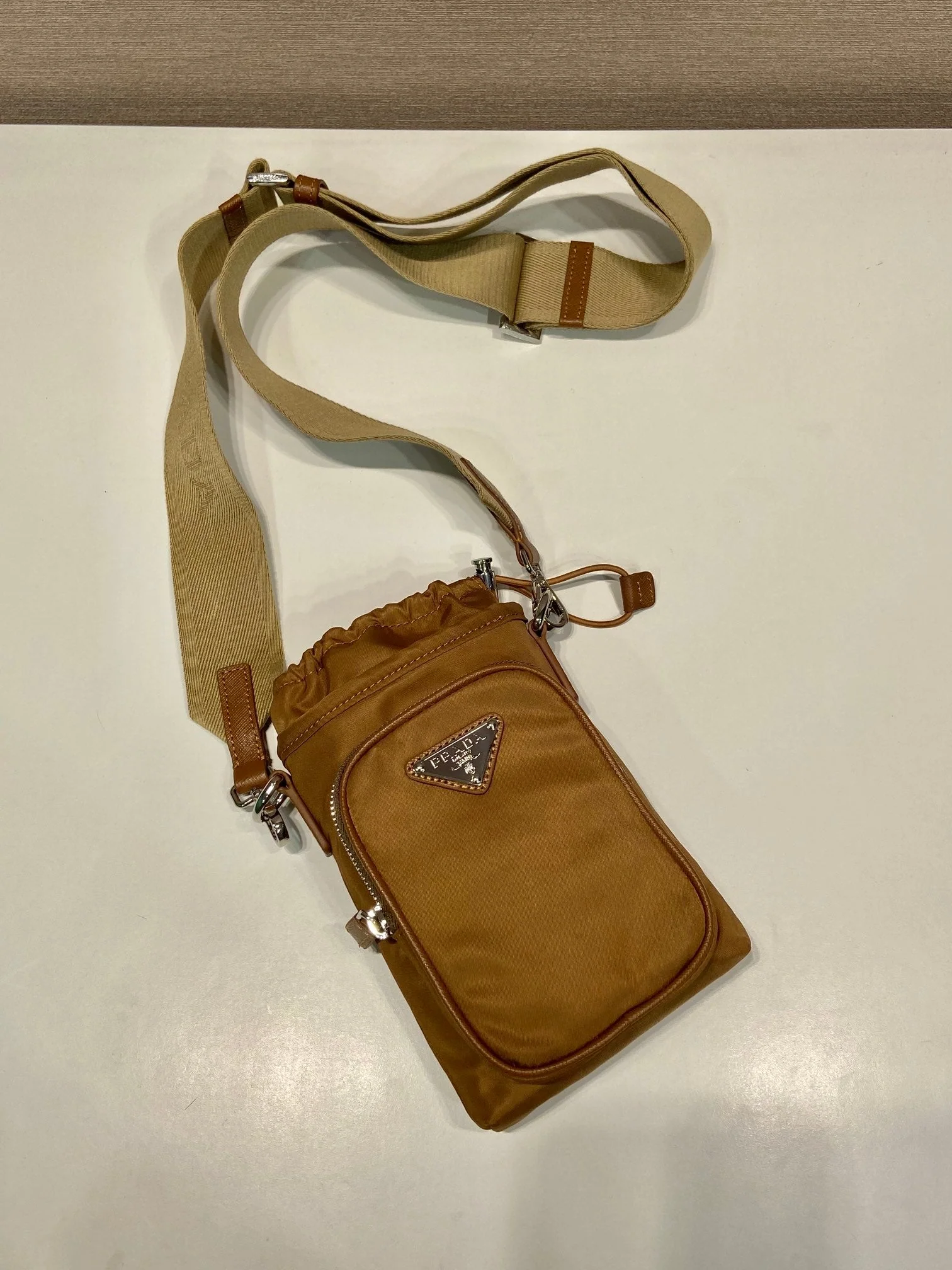 Prada PHONE BAG 18 IN SEPIA BROWN RE-NYLON