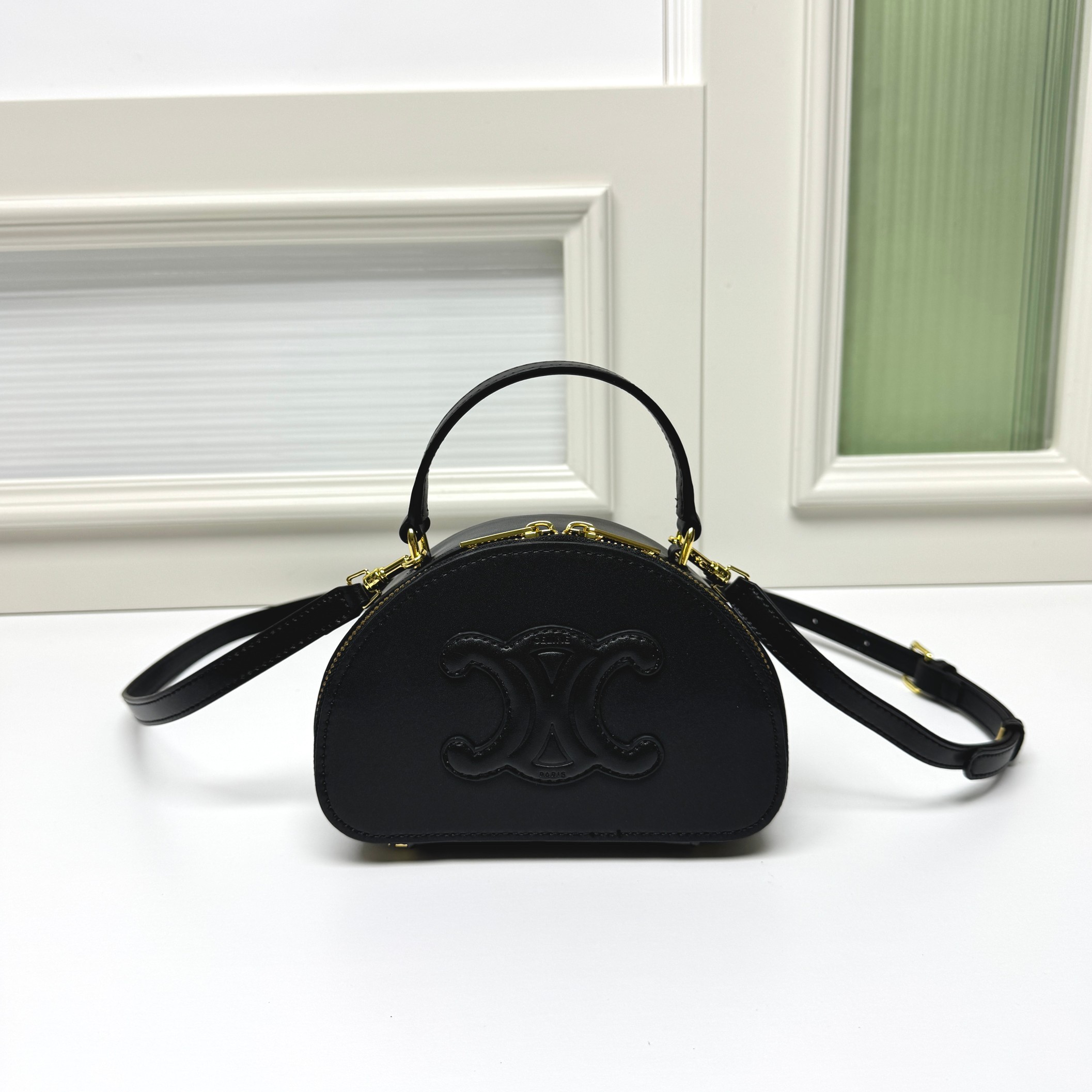 Celine Mini Triomphe Shiny Leather Logo Trim Half Moon Besace Crossbody Bag - KAIROO