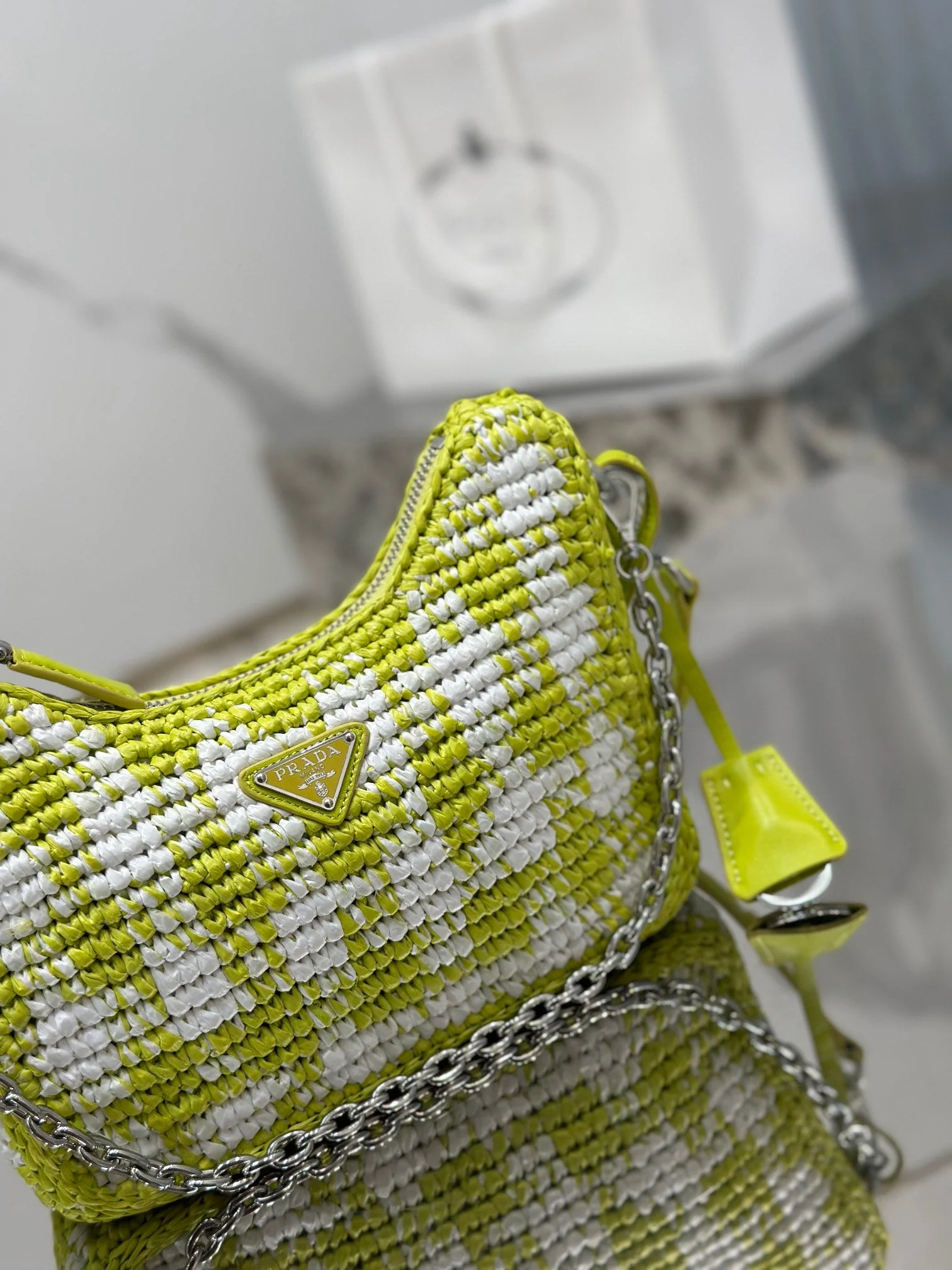 Prada CROCHET HOBO BAG 22 IN VOLT GREEN MIX WHITE RAFFIA SILVER HARDWARE