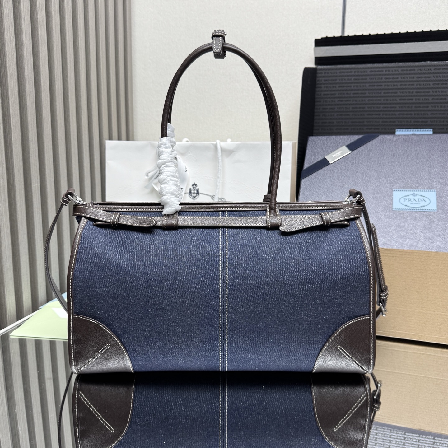 Prada Bonnie large denim and leather handbag 1BA433