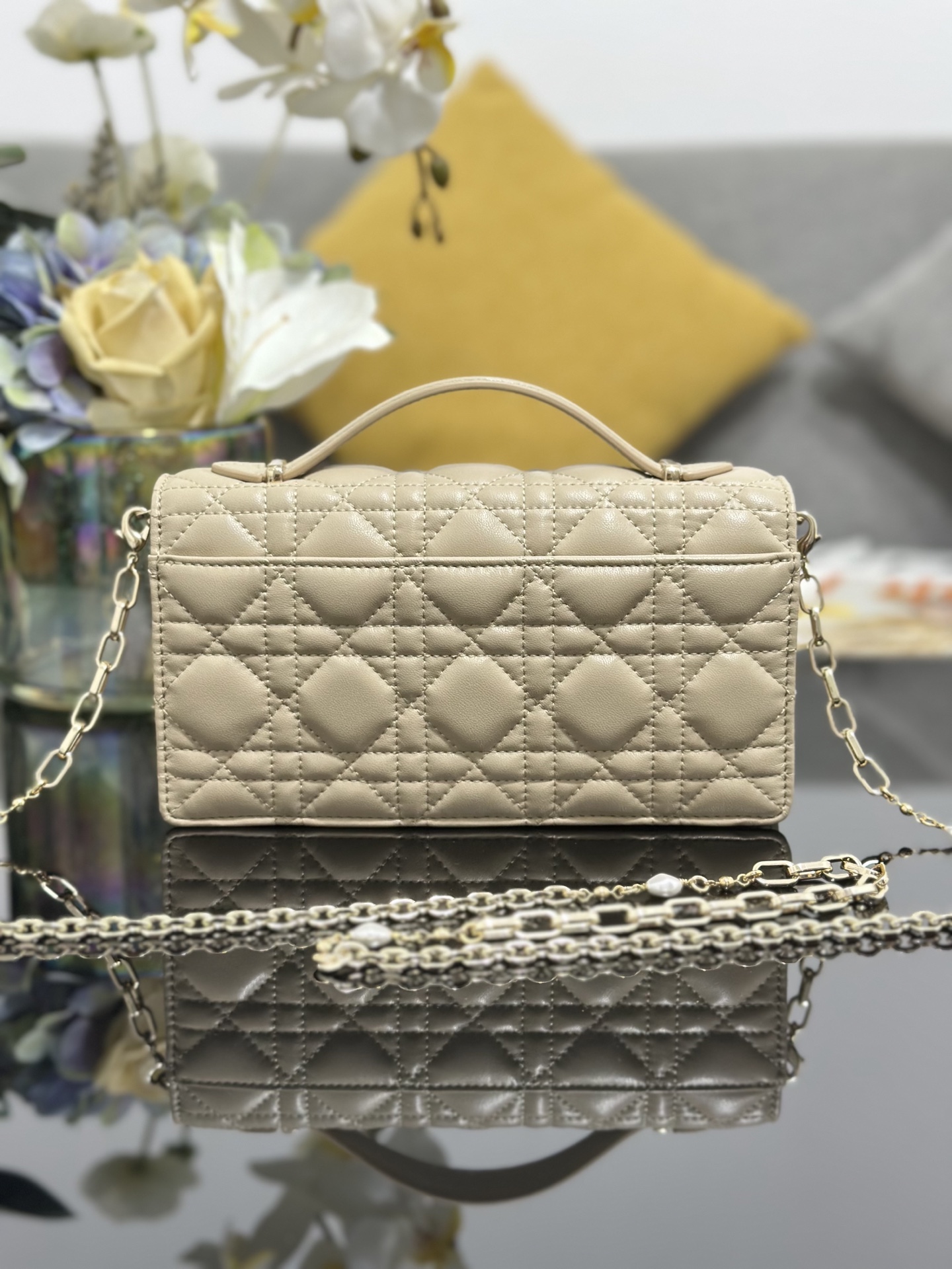 Miss Dior Chain Wallet/Clutch in Beige Cannage Lambskin