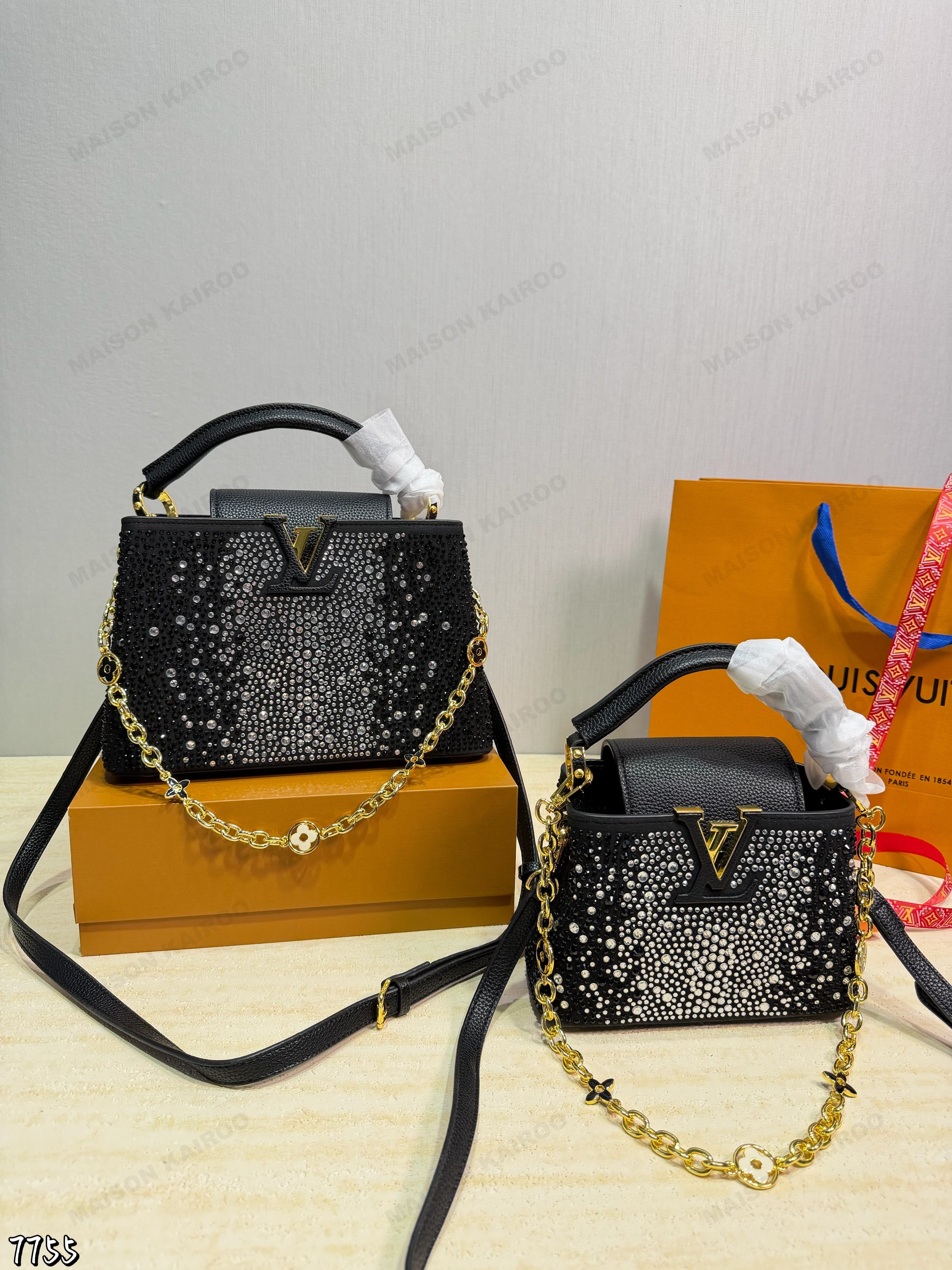 Louis Vuitton LV Capucines BB/Mini Black Gradient Crystal Grained Leather Monogram Chain Top Handle Bag - KAIROO