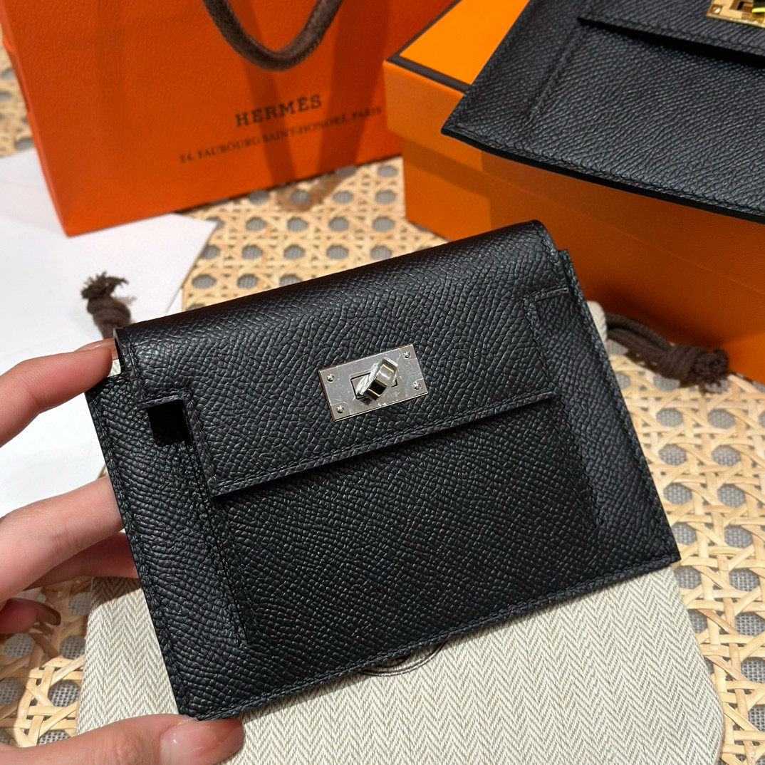 Hermes Black Epsom Kelly Pocket Compact Wallet