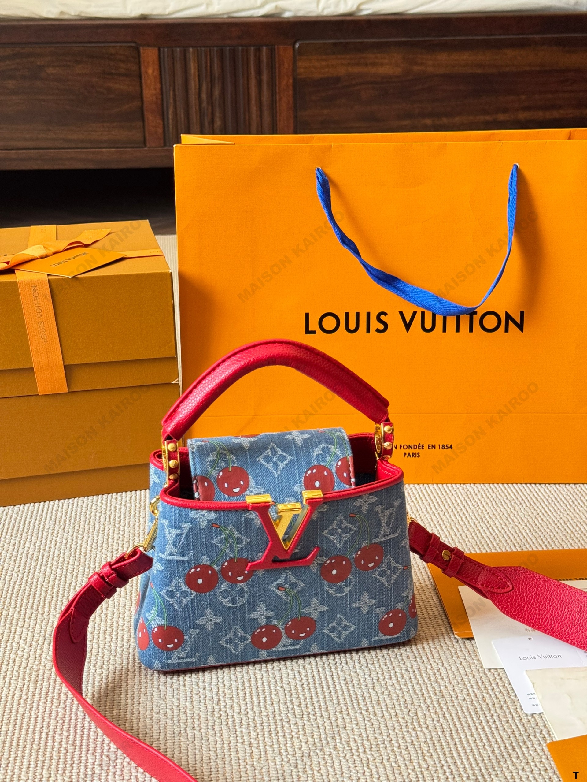 Louis Vuitton LV x TM Capucines BB/Mini Cherries Denim Monogram Leather Tone Logo Top Handle Bag - KAIROO