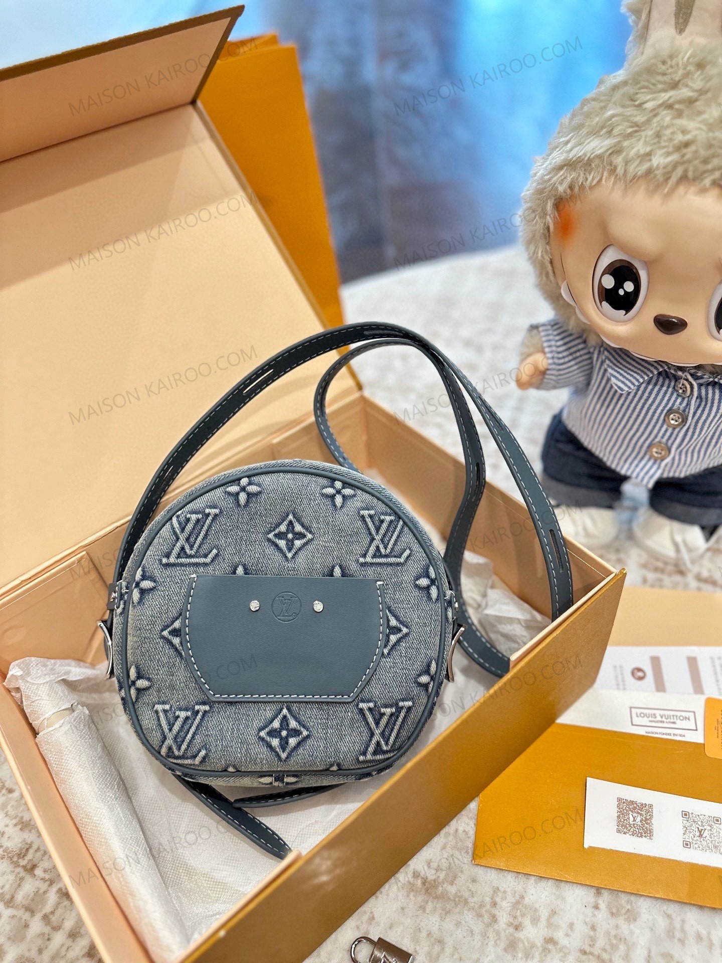 Louis Vuitton LV Boite Chapeau Souple Hat Box Washed Blue Denim Monogram Tag Top Handle Bag - KAIROO