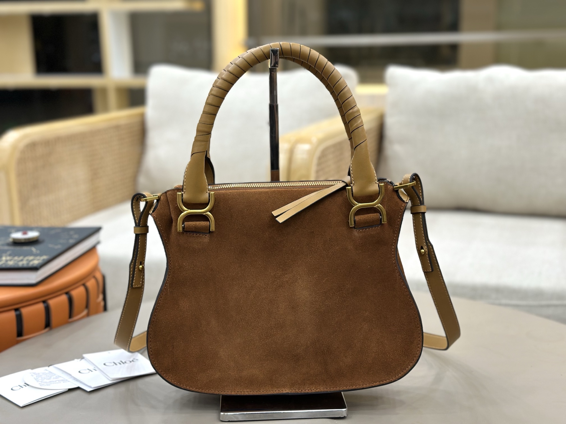 Chloe Small Marcie Bag in Suede Leather-brown