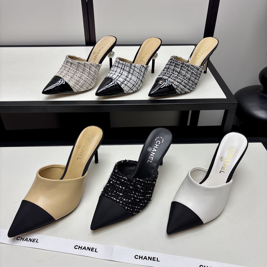 Chanel Tweed & Leather Pointed Toe Pearl Kitten Heel Slingback Mules Sandals - KAIROO