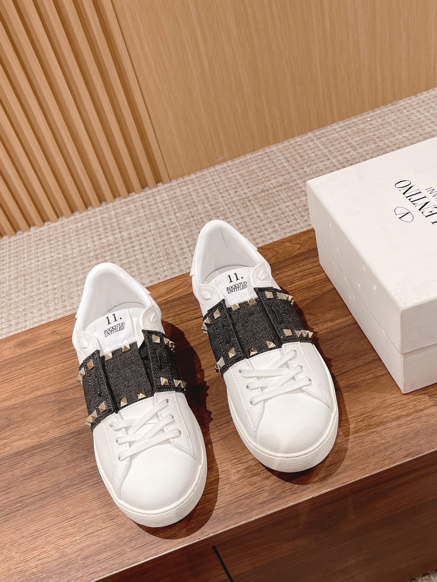 Valentino Garavani Untitled  Open White Leather Gold Rockstud Band Sneakers - KAIROO