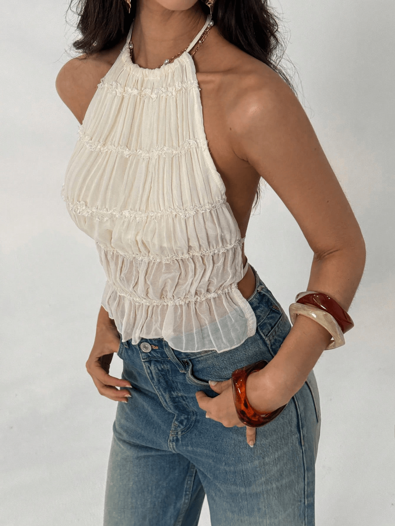 Women's Solid Pleated Halter Camisole Top