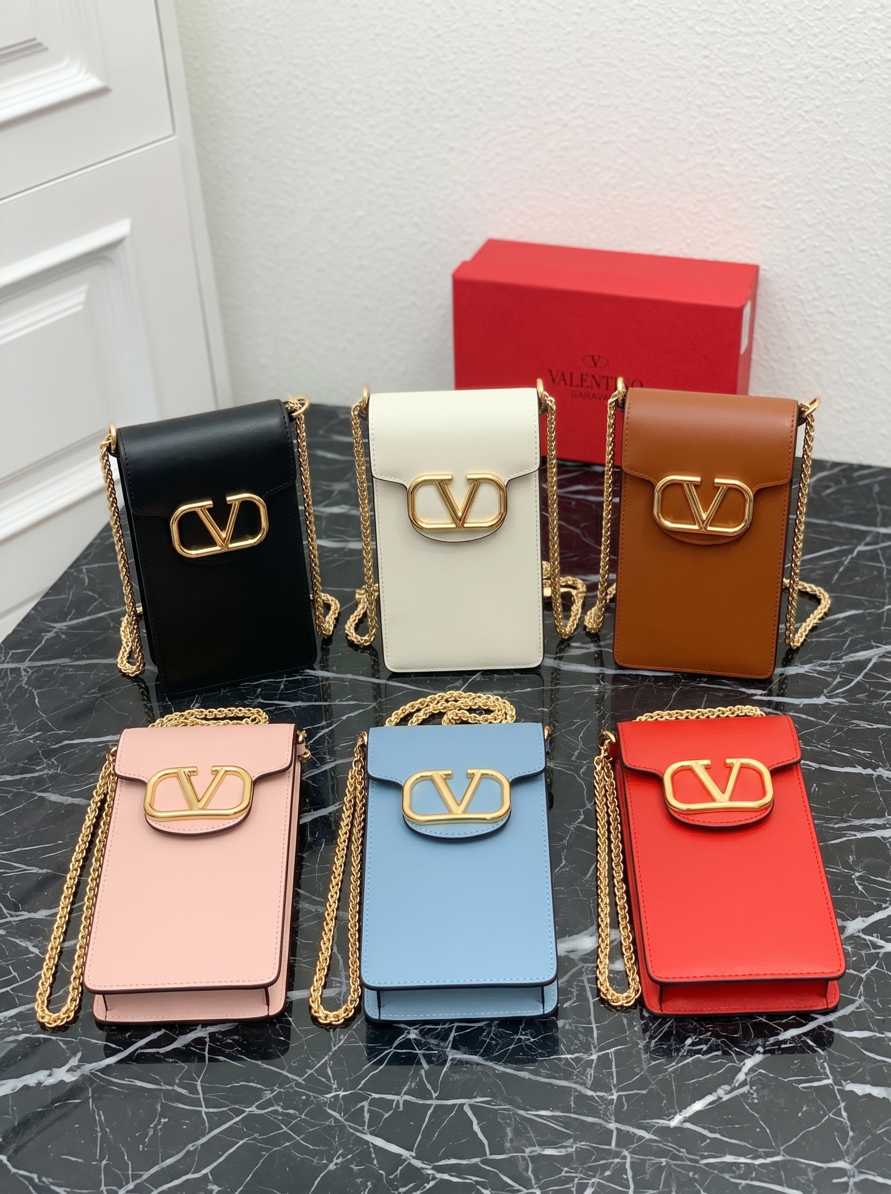Valentino VLogo Signature Smooth Leather Chain Mini Vertical Phone Pouch Bag - KAIROO
