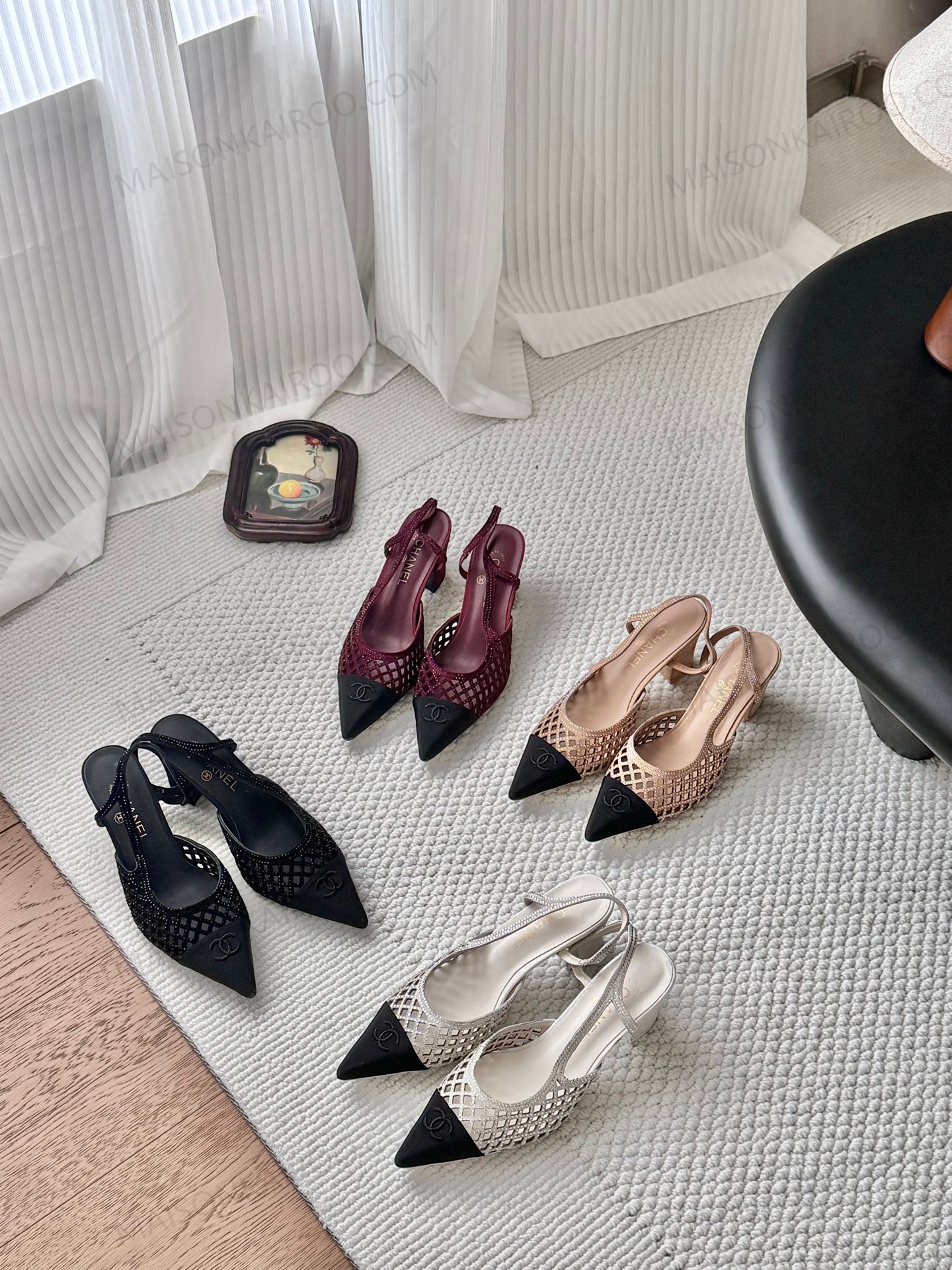 Chanel Mesh Patchwork Pointed Toe Slingback Block Heel Sandals - KAIROO