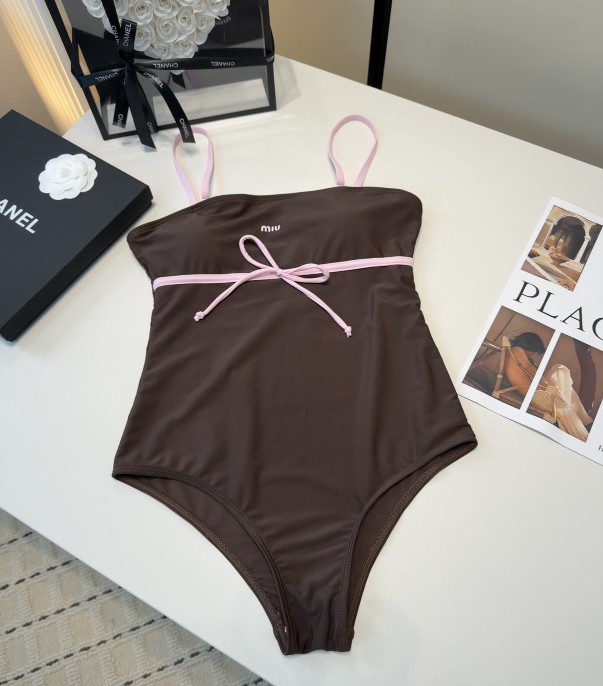 Miu Miu Brown Spaghetti  Pink Strap Color Block Waist Bow Logo One-Piece Swimsuit - KAIROO
