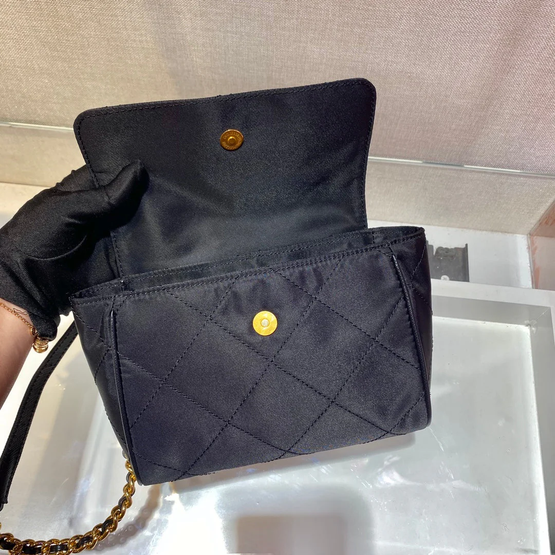 Prada SMALL QUILTED FLAP BAG 18 IN BLACK RE-NYLON FABRIC GOLD CHAIN