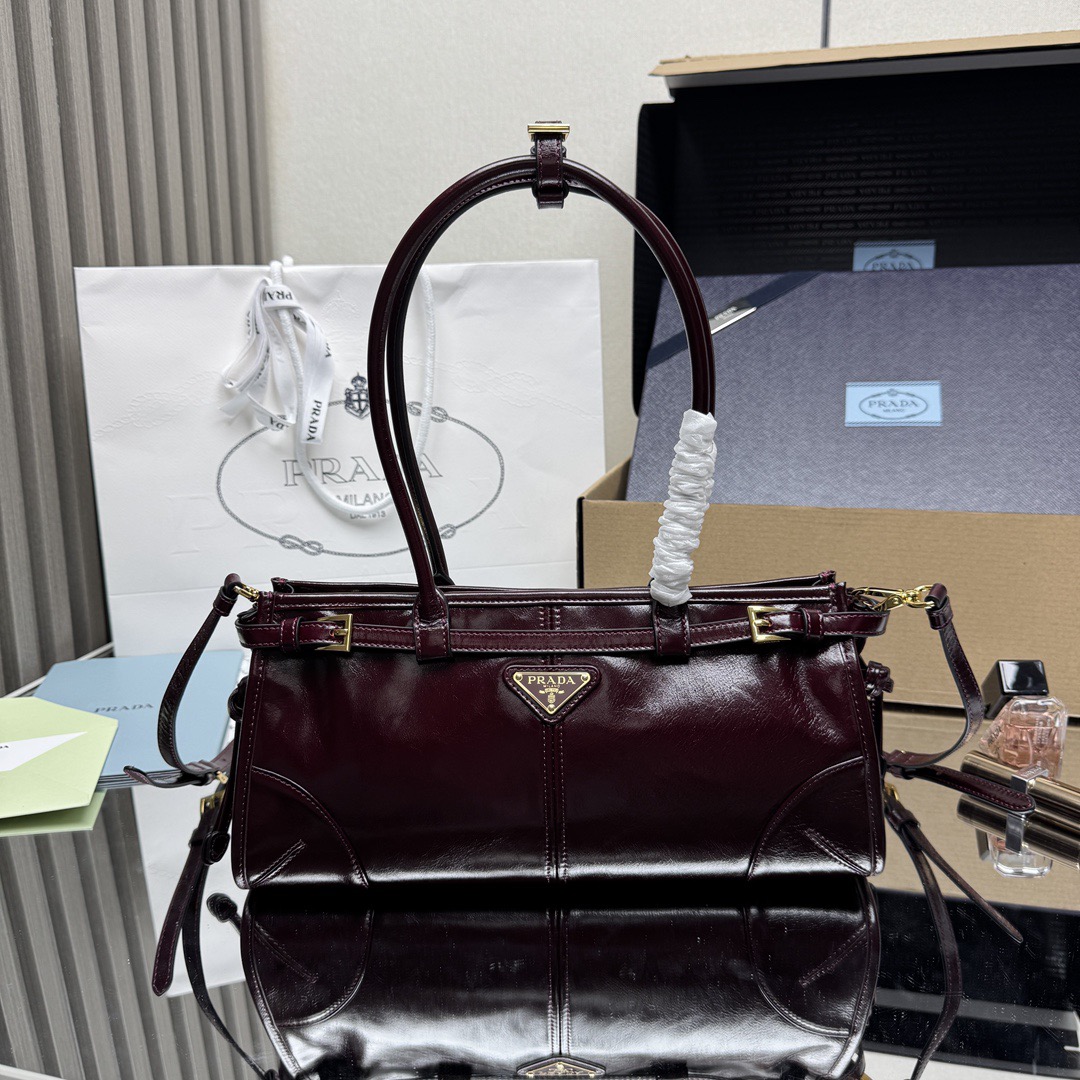 Prada Bonnie Medium Shiny Calfskin Tote-Bordeaux