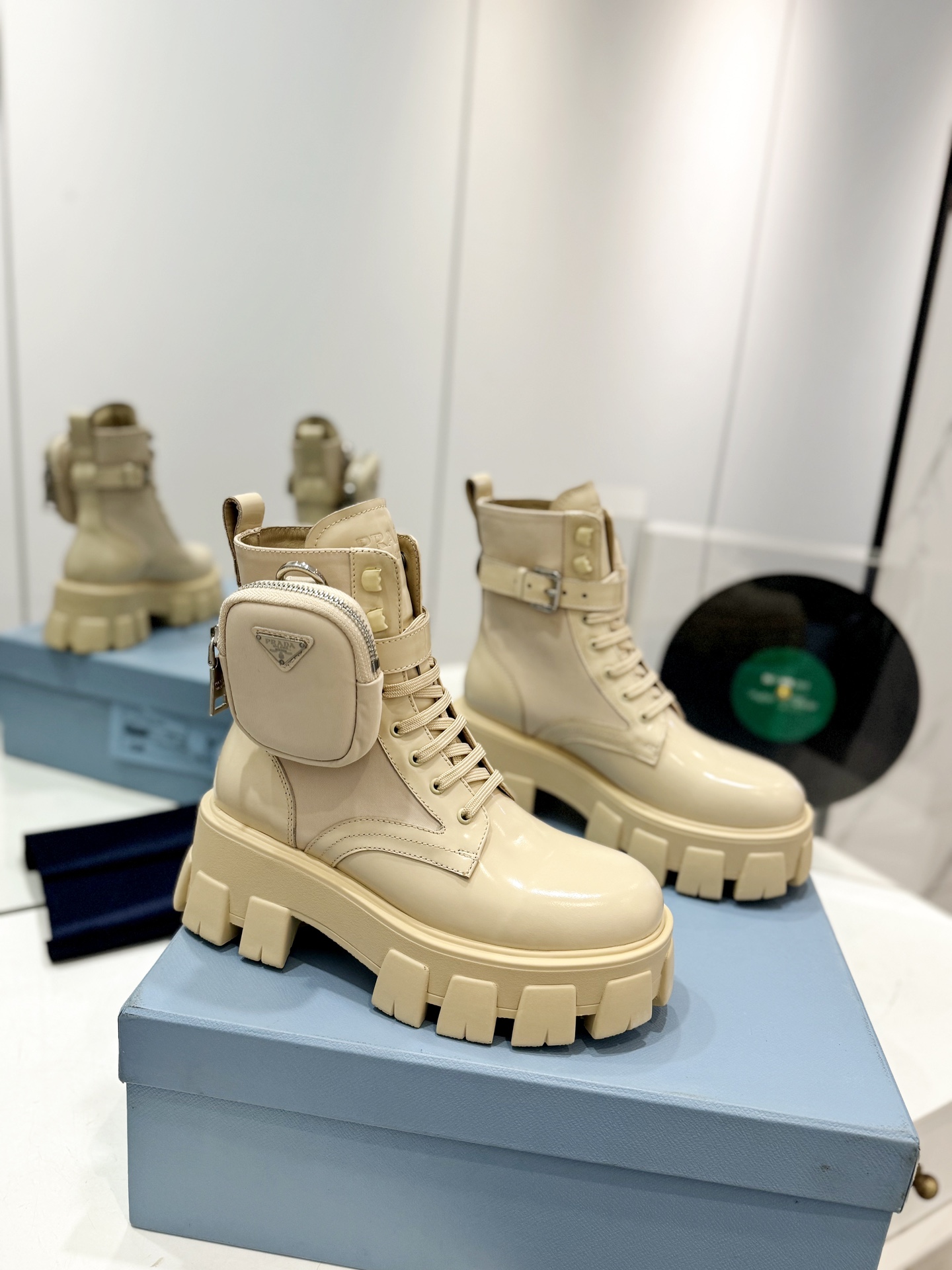 Prada Unisex Leather Boots in Beige