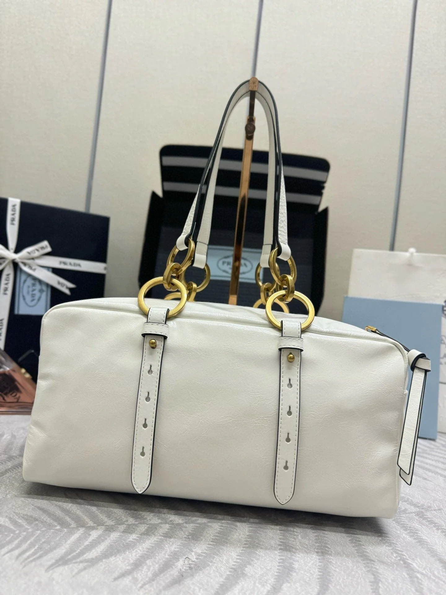 Prada DANGLE TOP HANDLE BAG 30 IN WHITE PATENT CALFSKIN