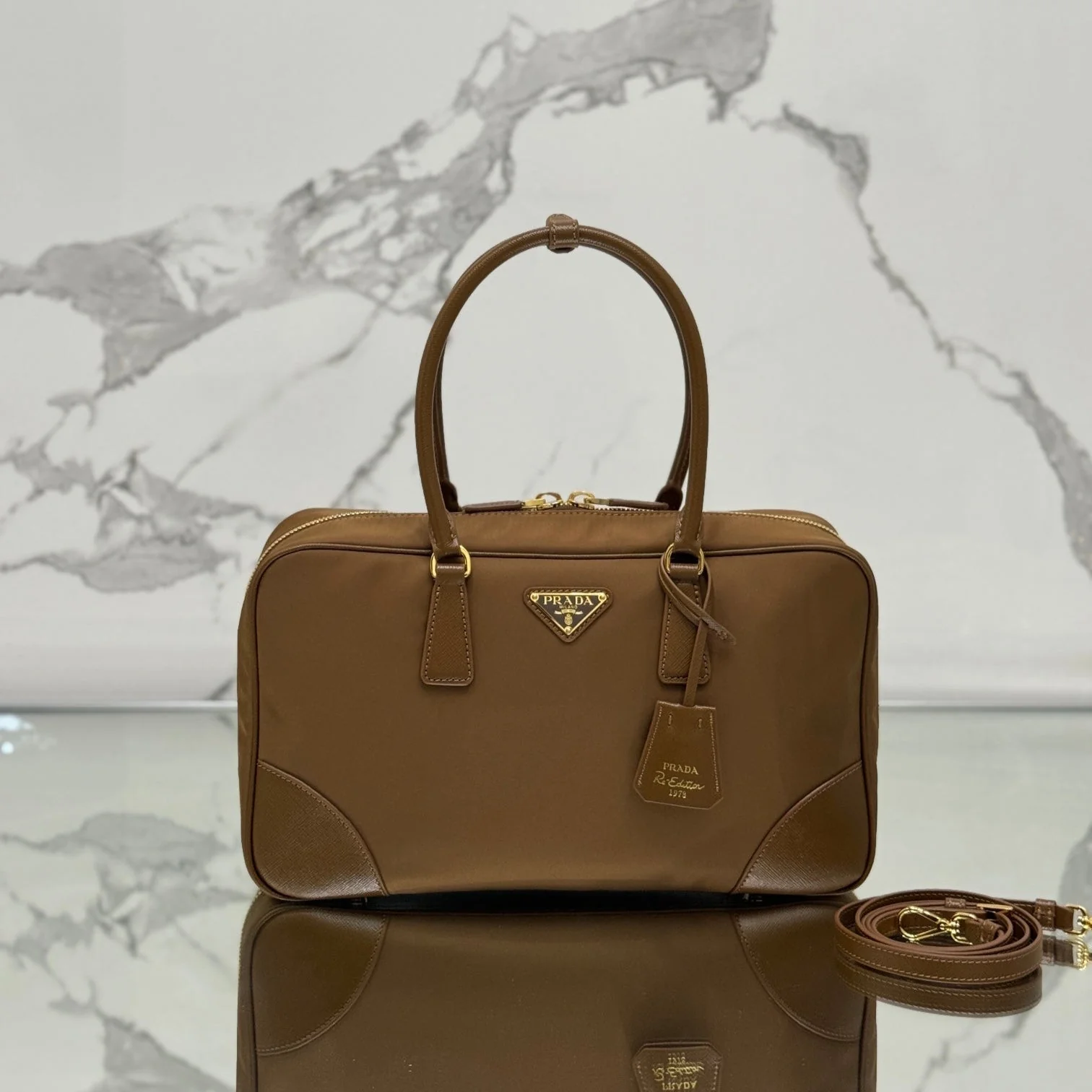 Prada LARGE TOP HANDLE BAG 35 IN CHERRY WOOD NYLON AND CALFSKIN TRIM