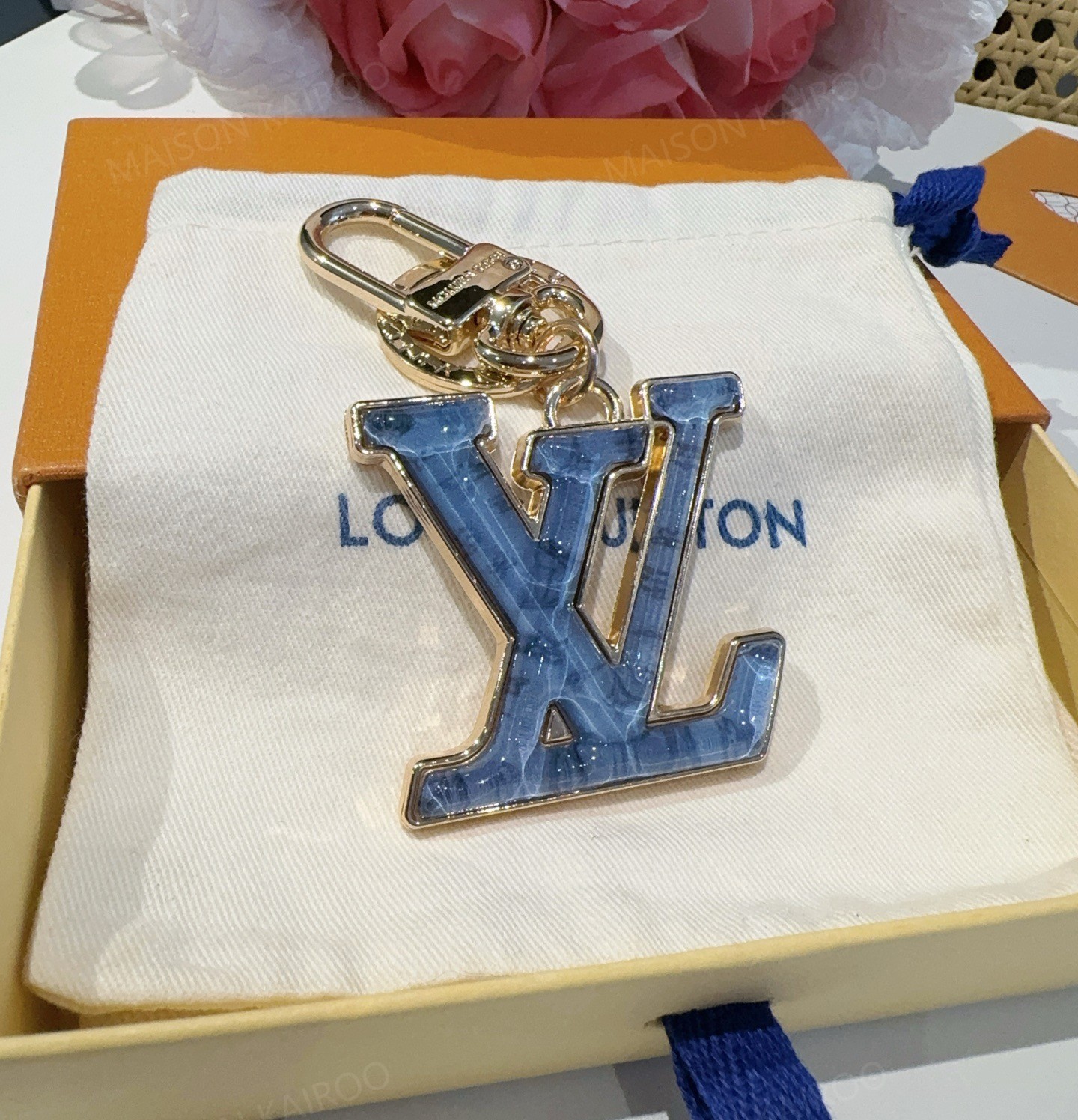 Louis Vuitton Blue Glitter LV Logo Bag Charm Keychain - KAIROO