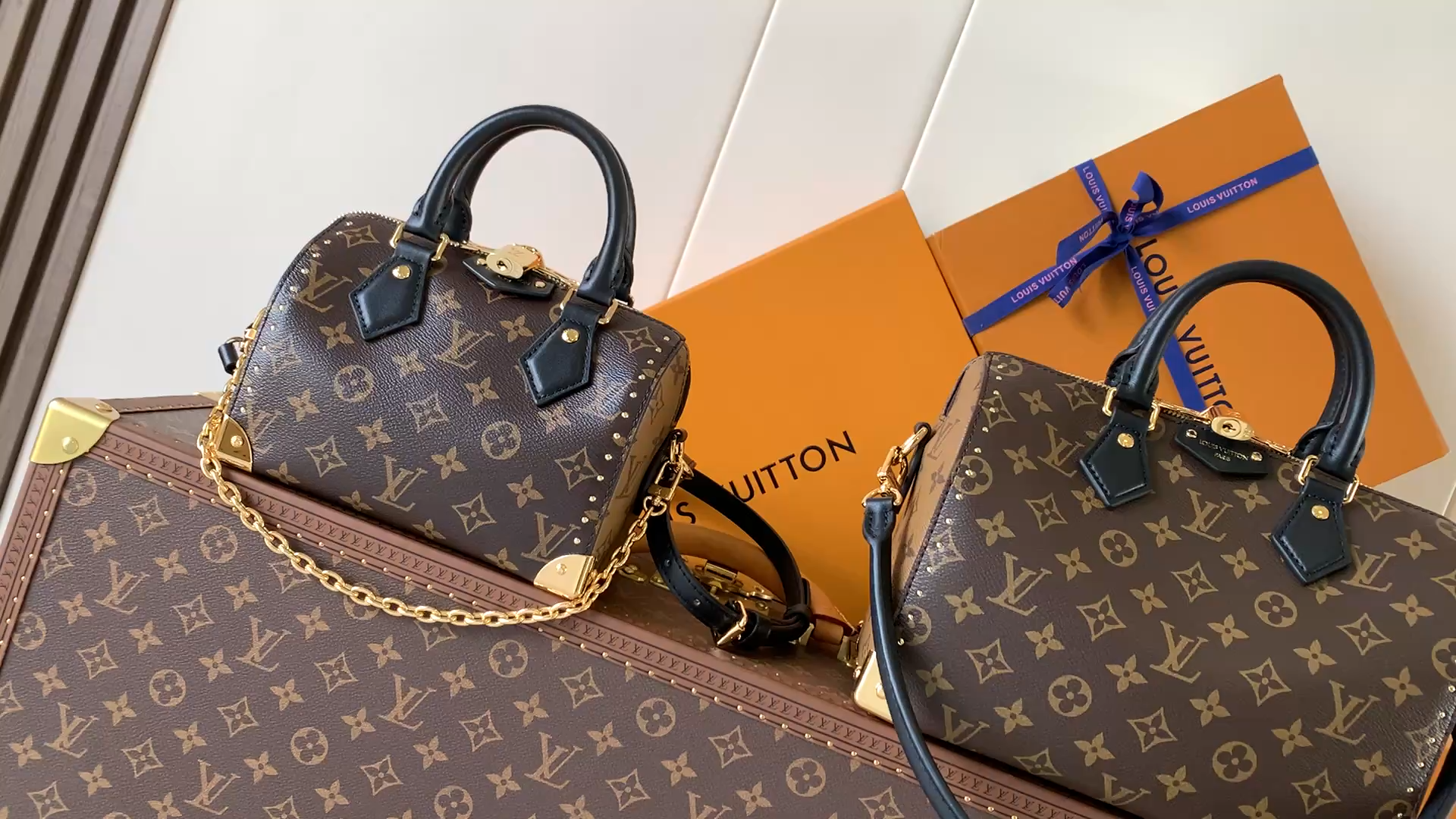【10A】Louis Vuitton LV Speedy 20/26 Two-tone Monogram Brown Studded Trunk Boston Top Handle Bag - KAIROO
