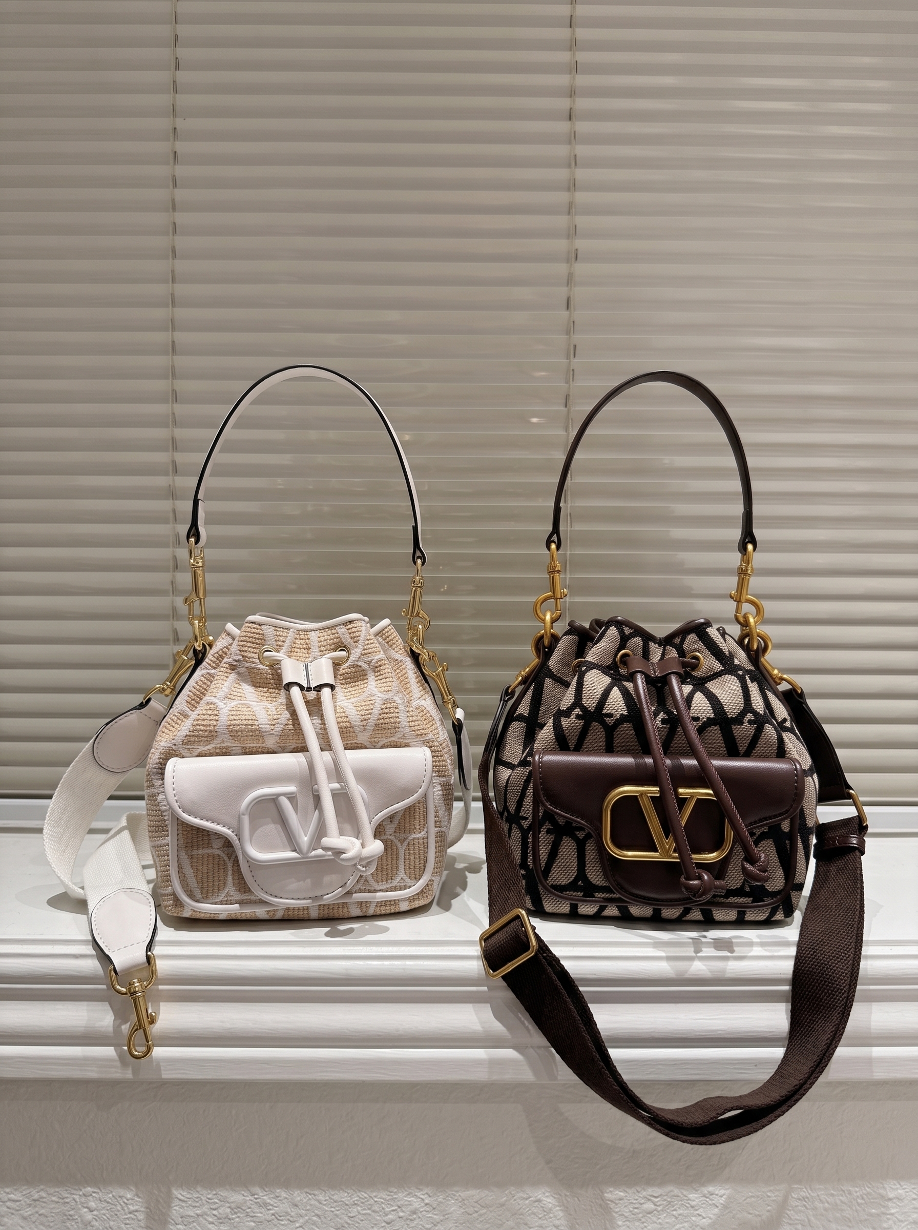 Valentino Iconographe Monogram Toile Canvas Drawstring Front Pocket Bucket Crossbody Bags - KAIROO