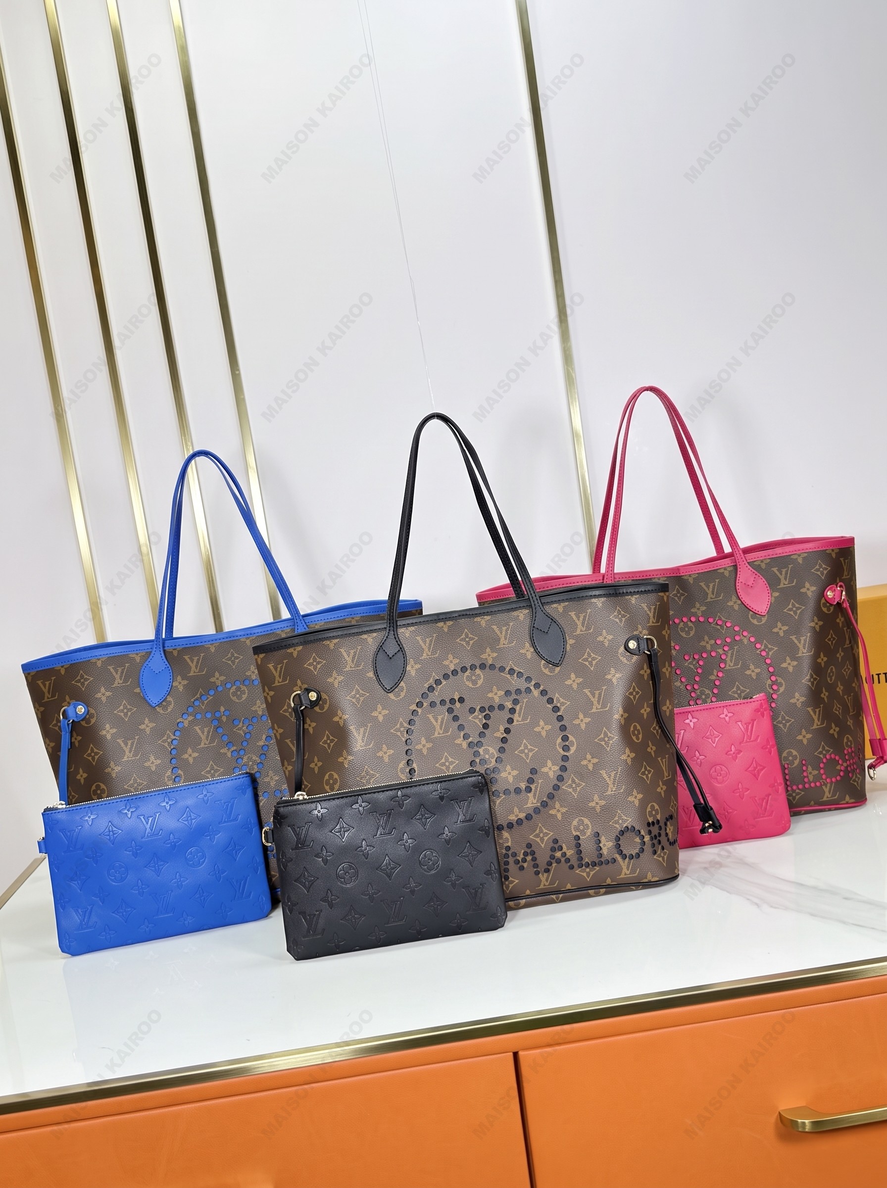 Louis Vuitton LV Neverfull MM Cut-Out Perforated Dot & Letter Monogram Canvas Tote Bag With Pouch - KAIROO