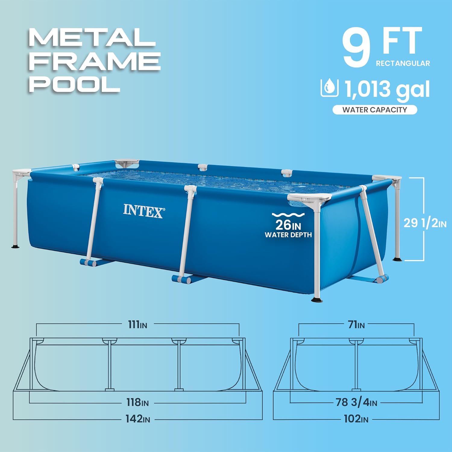 INTEX Rectangular Frame 9 ft 10 in x 6 ft 6.75 in x 29.5 in Above Ground Pool, Swimming Pool with Steel Frame, Pump Not Included