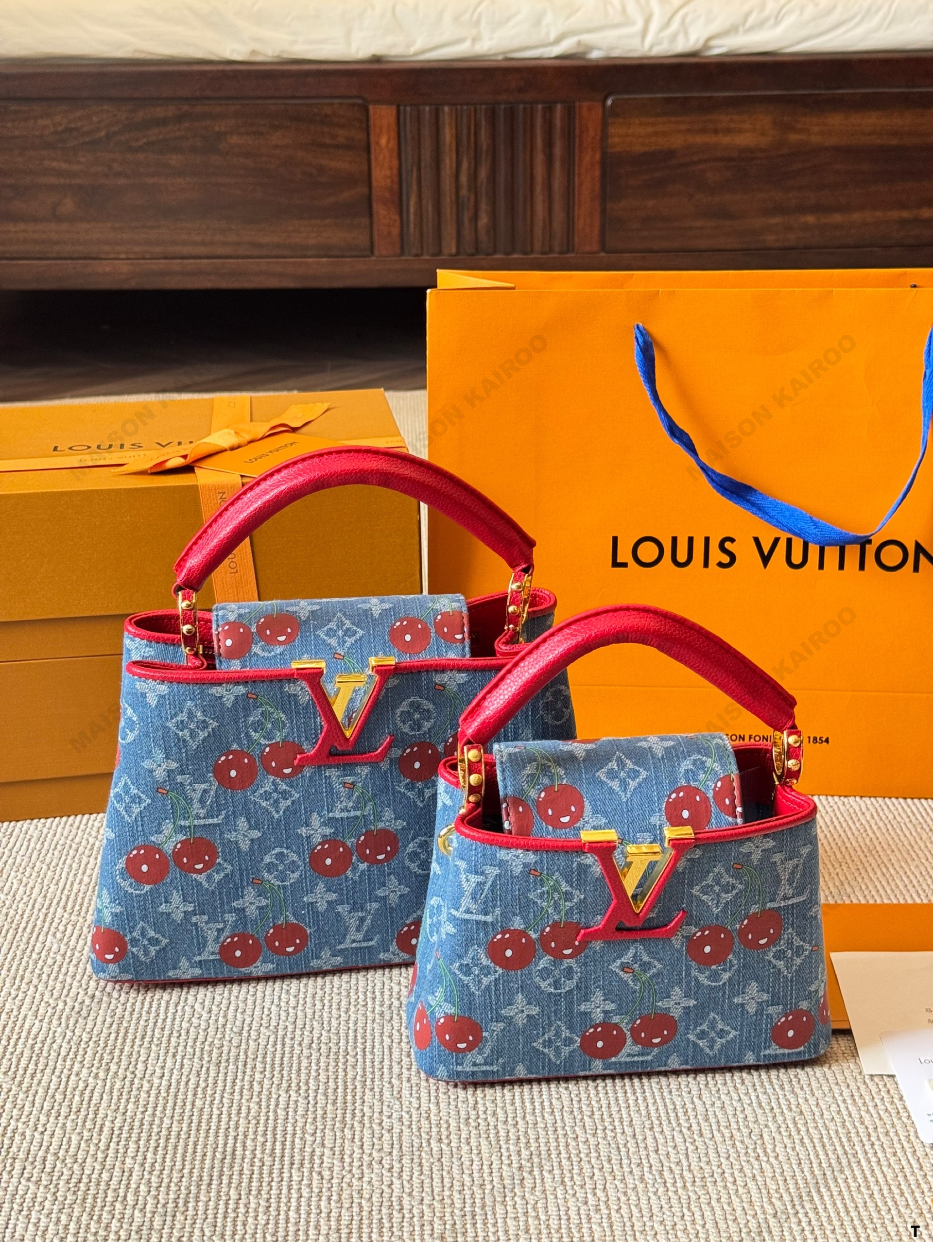Louis Vuitton LV x TM Capucines BB/Mini Cherries Denim Monogram Leather Tone Logo Top Handle Bag - KAIROO
