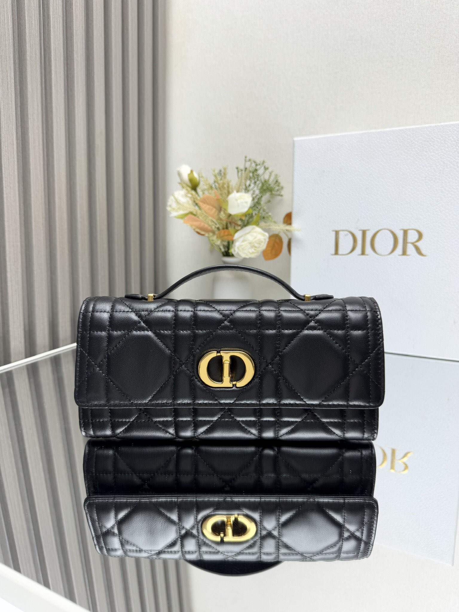 Dior Miss Caro Top Handle Bag/Clutch in Black Cannage Lambskin