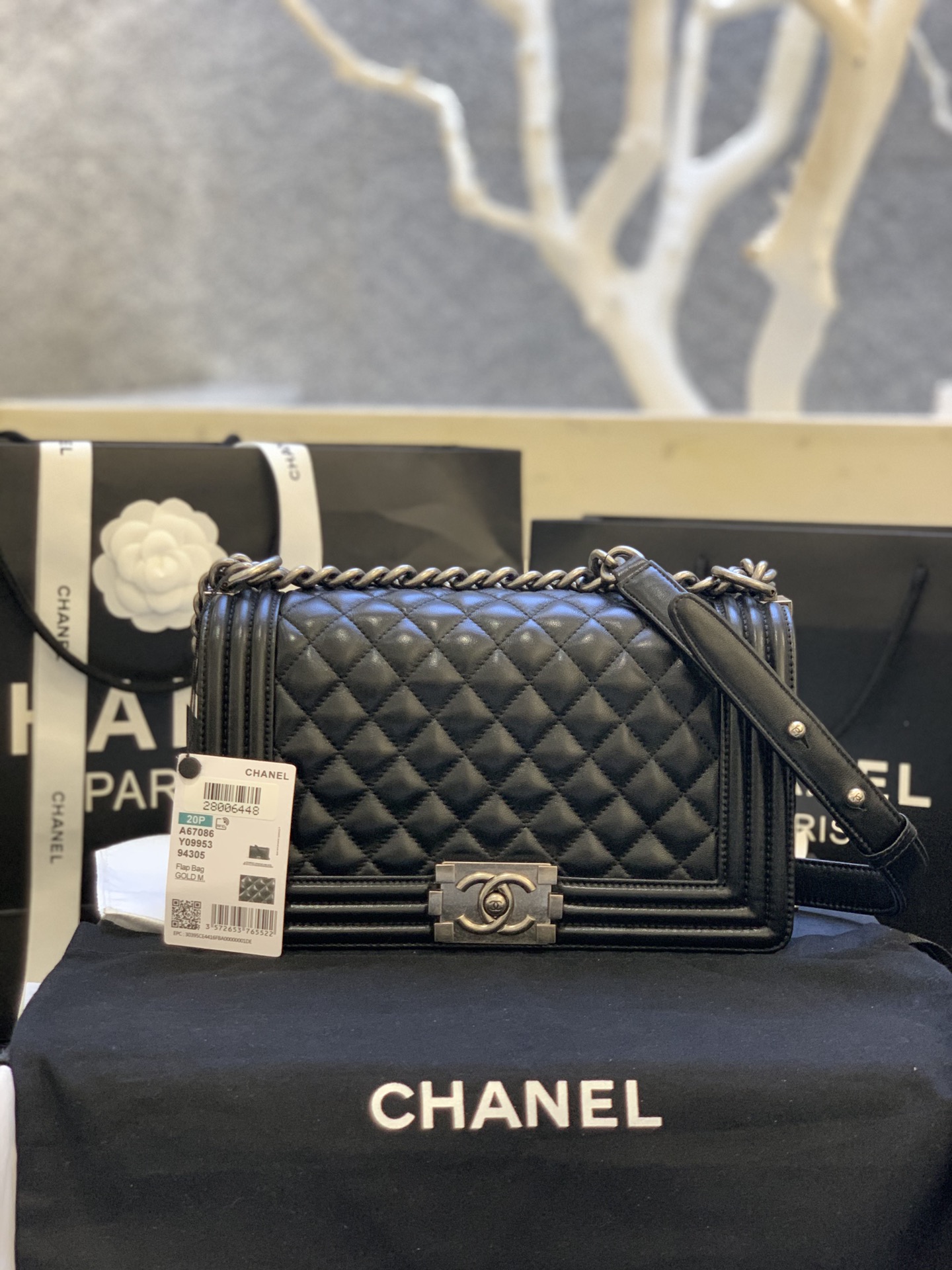 Chanel Medium Boy Bag in Black Lambskin Ruthenium-Finish Metal